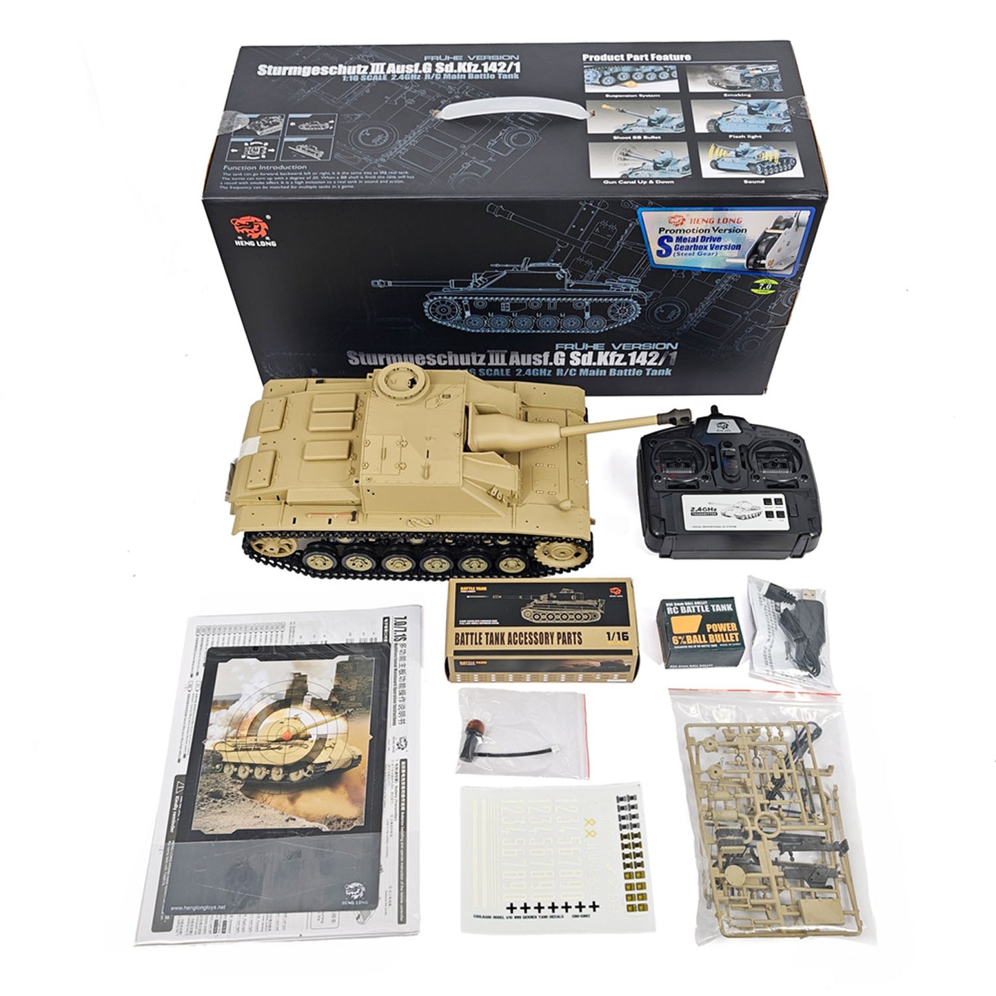 2.4G Henglong 1/16 7.0 Plastic German Stug III RTR RC Tank Model 3868 BB IR Steel Gearbox 1800MAH Battery Radio Sound Lights