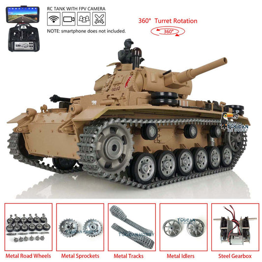 TOUCAN RC HOBBY Henglong 1/16 TK7.0 German Panzer III H RTR RC Tank 3849 FPV 360 Degrees Turret BB IR Smoke Metal Barrel Tracks Sprockets Idlers Road Wheels