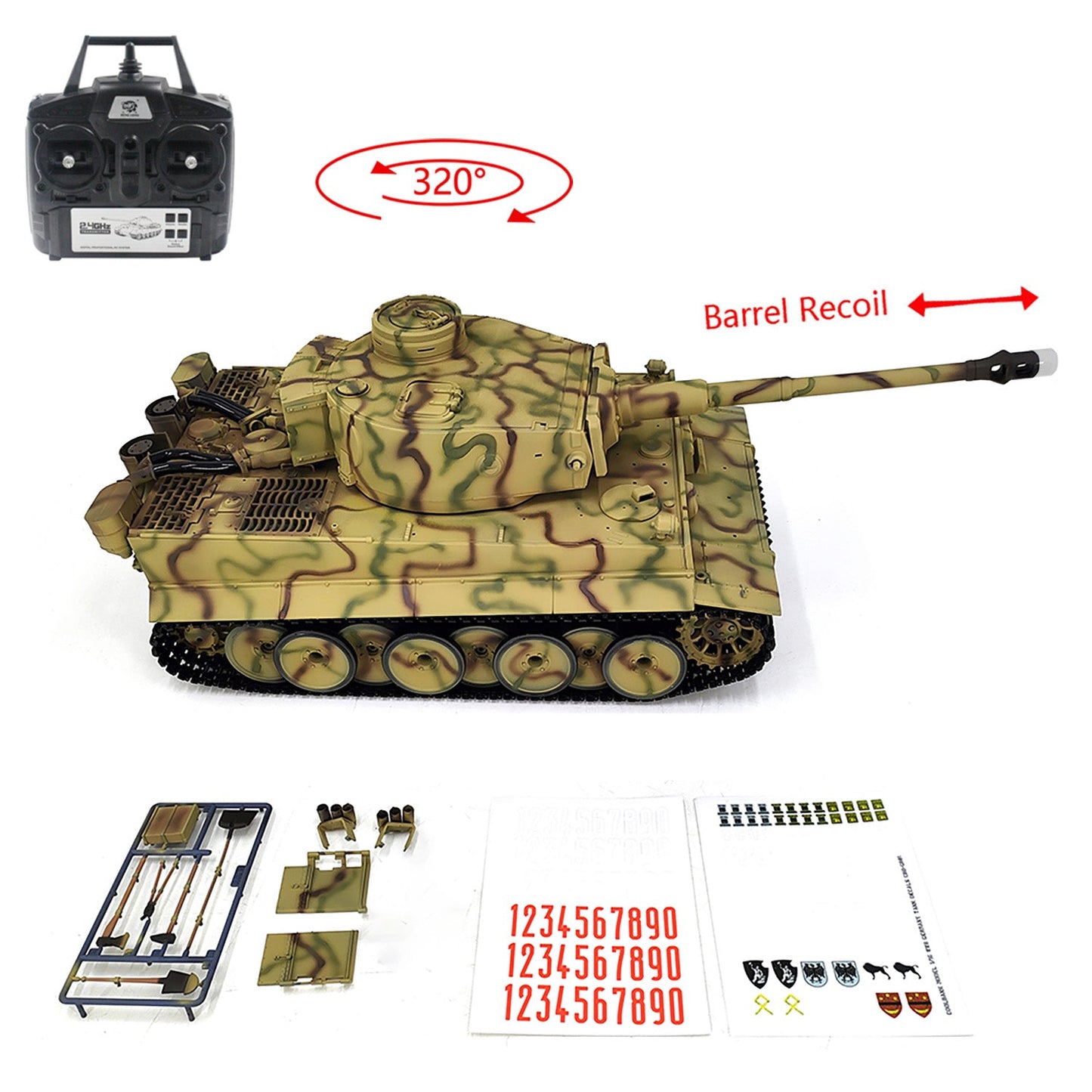2.4Ghz Henglong 1/16 7.0 Plastic German Tiger I 3818 RTR RC Tank BB IR Barrel Recoil Metal Suspension Arm Gearbox Smoke Special Spray Painting