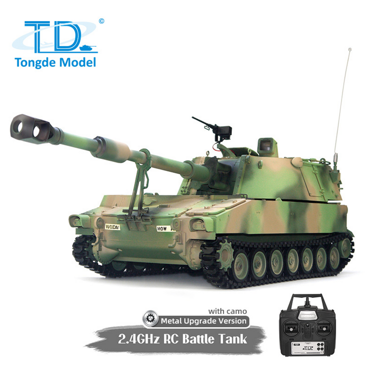 Tongde M109A2 RC-Militärpanzer im Maßstab 1/16, selbstfahrende Haubitze, Metallräder, LED-Leuchten, Rauchgenerator, simulierte Soundeffekte