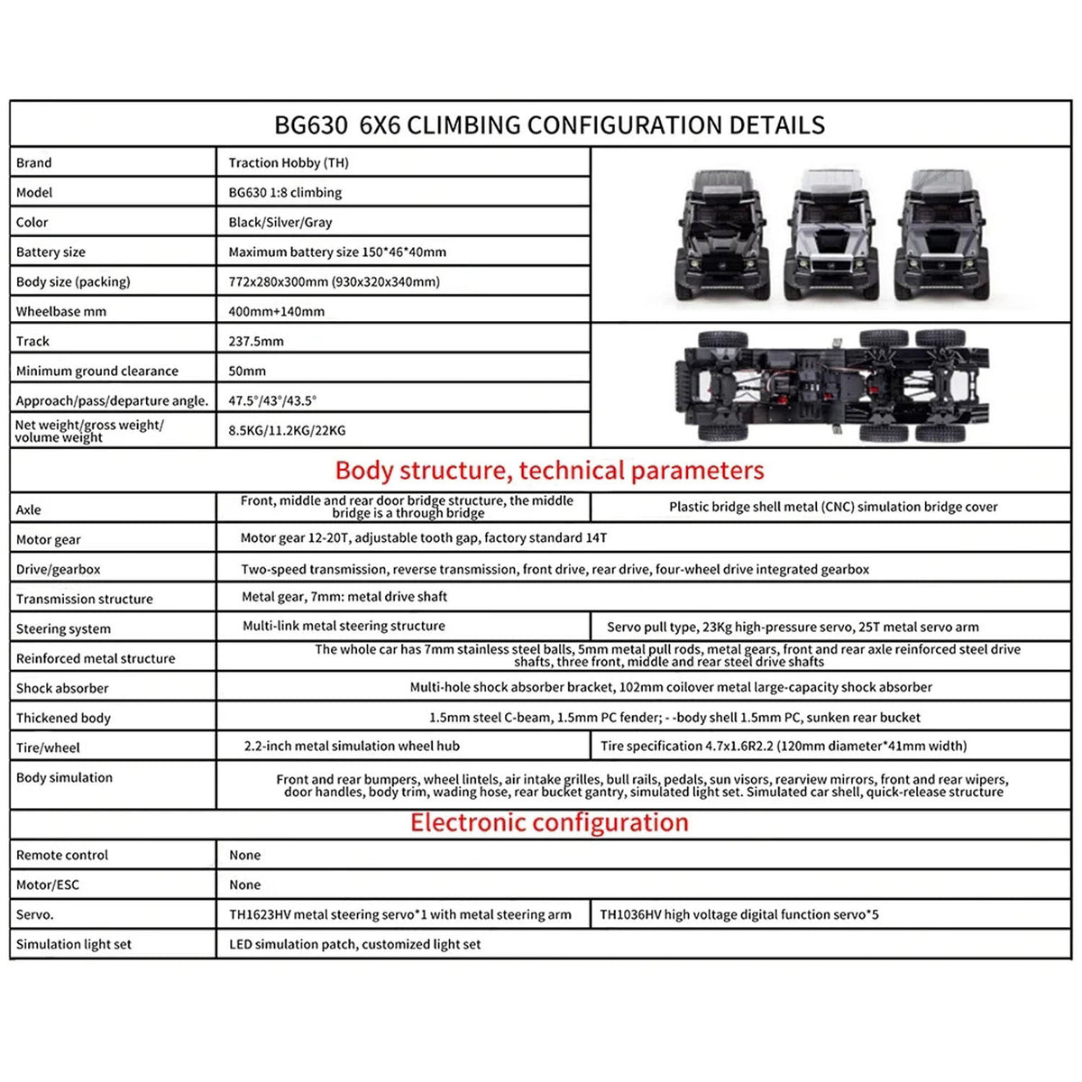 TRACTION HOBBY KM6 6WD 1/8 Funkgesteuertes Geländefahrzeug RC Elektro-Modellautos 2-Gang-Achssperren 775 Bürstenmotor