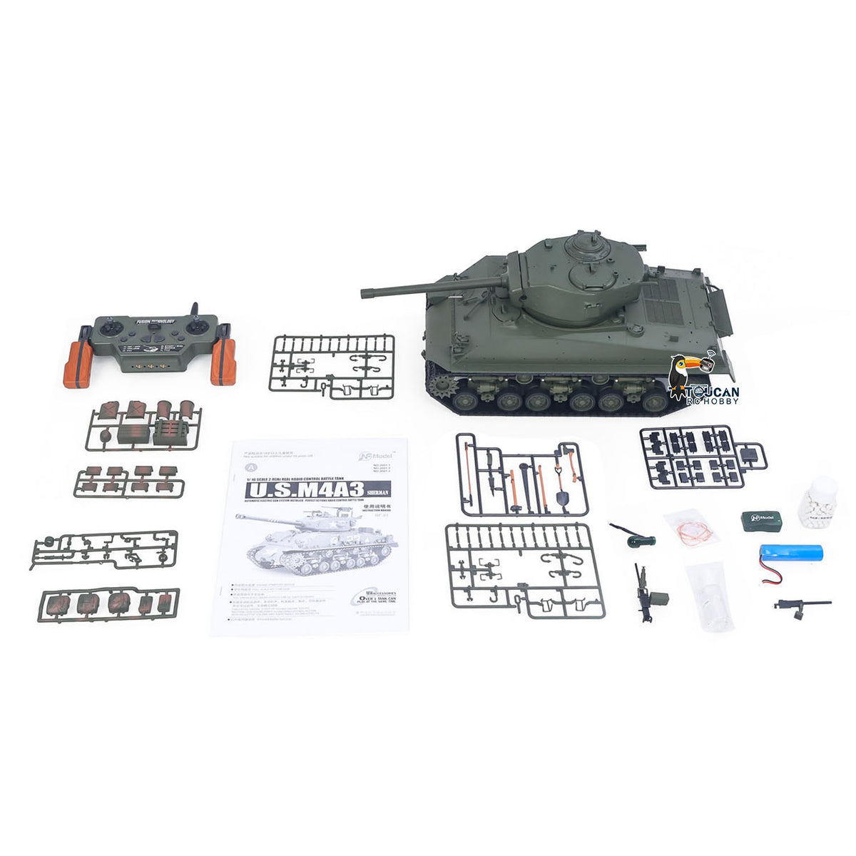RTR 1/16 RC Tank Sherman M4A3E8 IR BB Barrel Elevation Smoking Metal Chassis Tracks Road Wheels Machine Gun 360 Degree Rotation