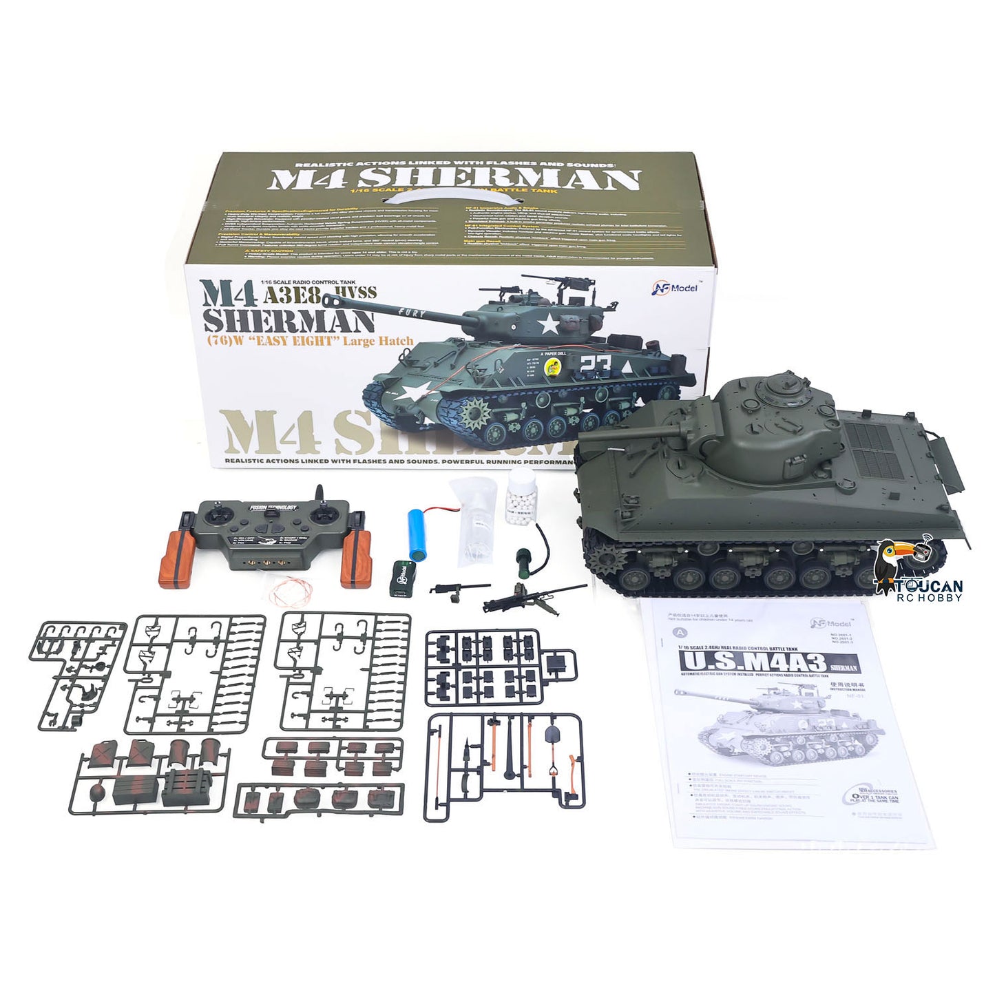 Sherman M4A3 1/16 Remote Control Tank Infrared System BB Barrel Elevation Smoke Unit Metal Chassis Light Sound No Charger