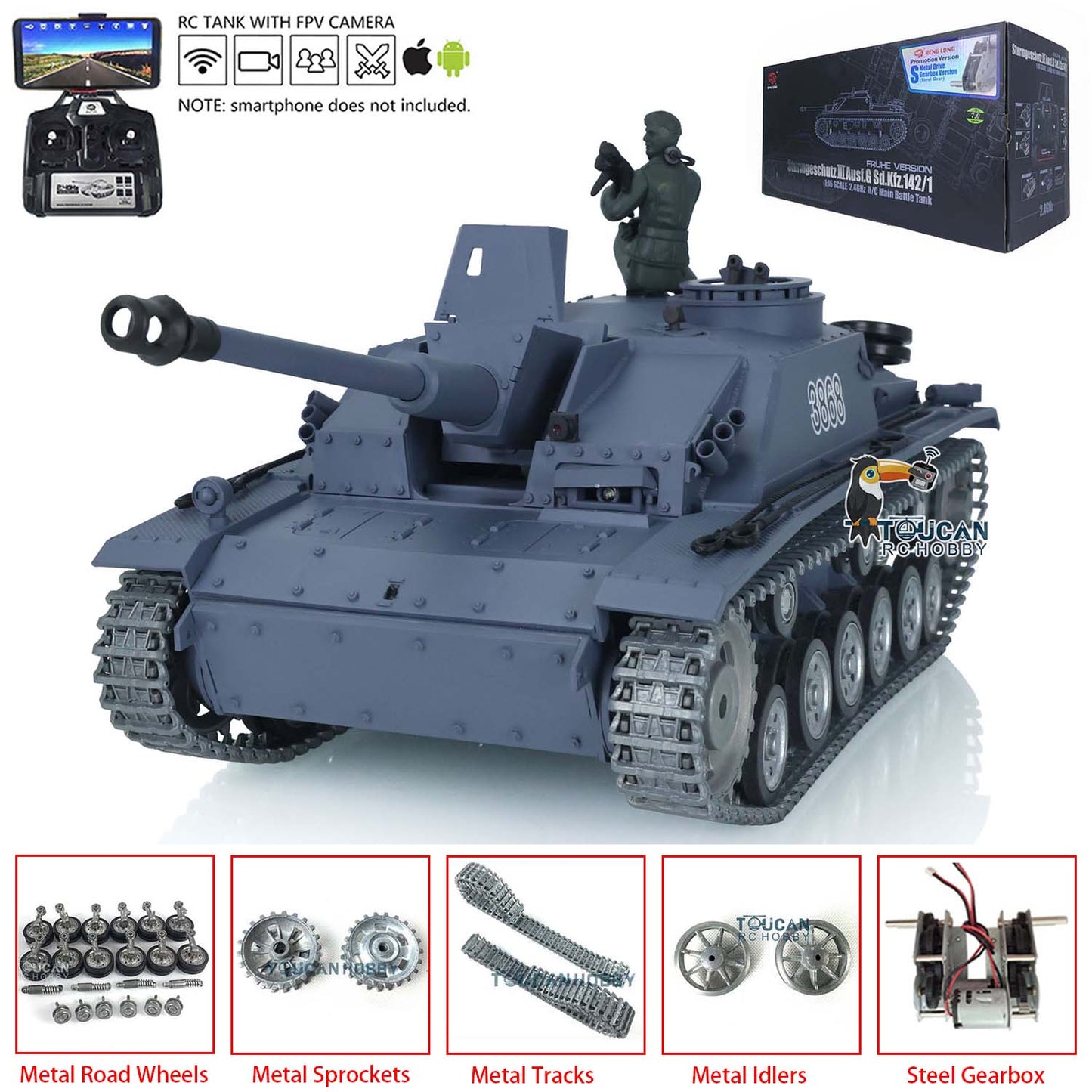 Second-Hand for UK Henglong 1/16 7.0 Customized Stug III RTR FPV RC Tank 3868 Metal Tracks Wheels