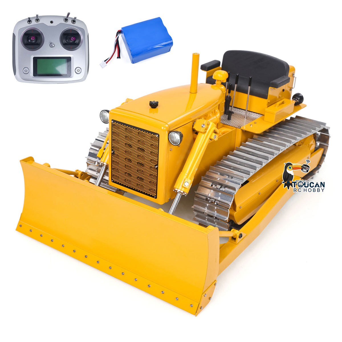 USED Metal 1/14 RC Hydraulic Bulldozer D7 Remote Control Dozer Model Engineering Vehicle Flysky Radio Light Sound System Battery teshulianjie
