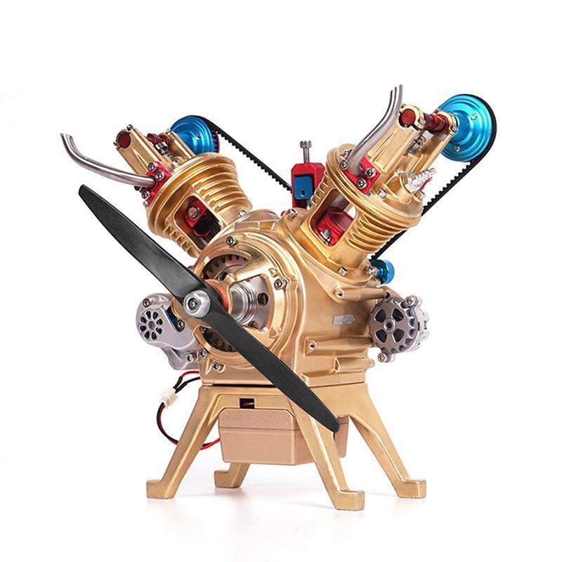TECHING Metall V2 Doppelzylinder-Motormodell Mini-Modellbausätze mit manueller Montage Mechanisches Kunstdekorationsteil mit Batterieanzeige