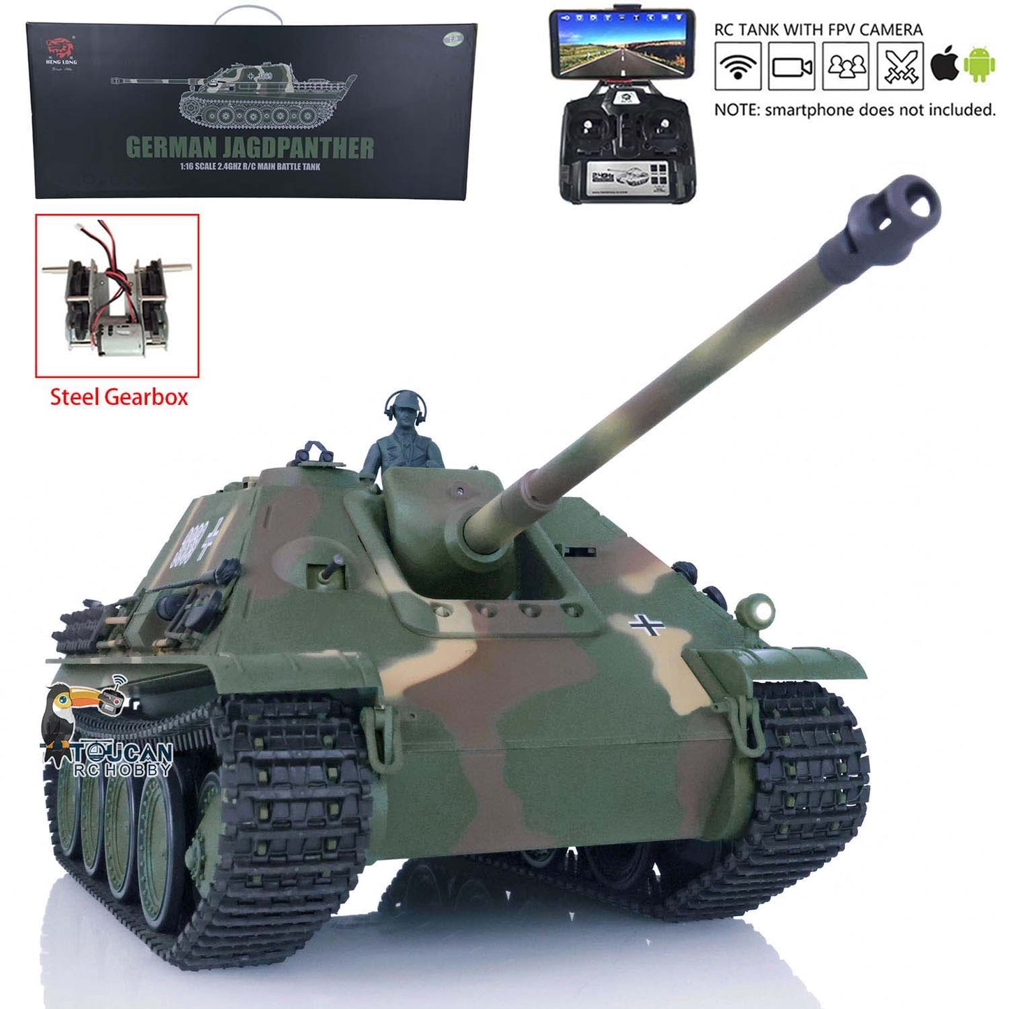 1/16 TK7.0 Kunststoffversion Henglong Jadpanther FPV Betriebsbereiter ferngesteuerter BB-IR-Panzer 3869 mit Stahlgetriebe, Rauchgeräusch