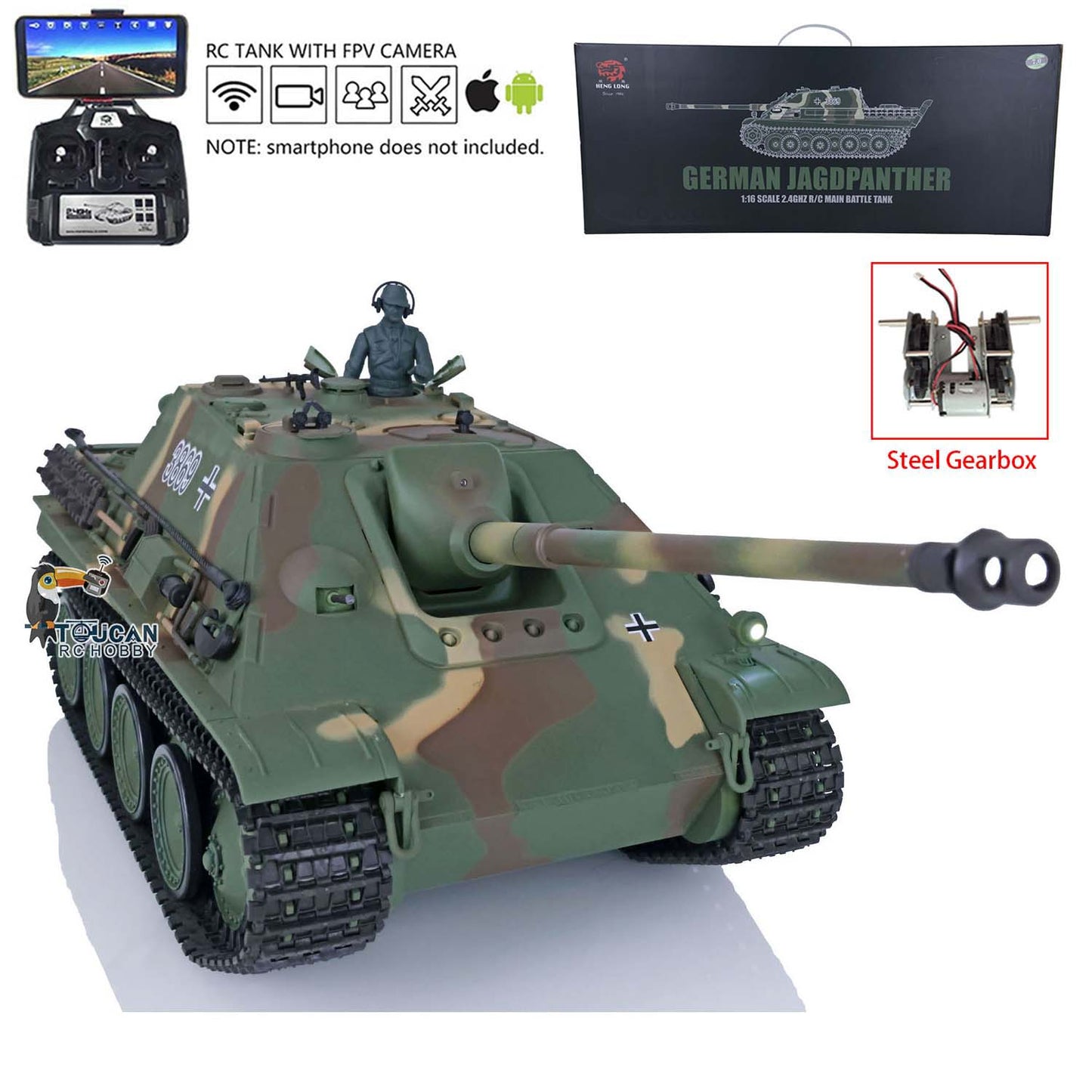 1/16 TK7.0 Kunststoffversion Henglong Jadpanther FPV Betriebsbereiter ferngesteuerter BB-IR-Panzer 3869 mit Stahlgetriebe, Rauchgeräusch