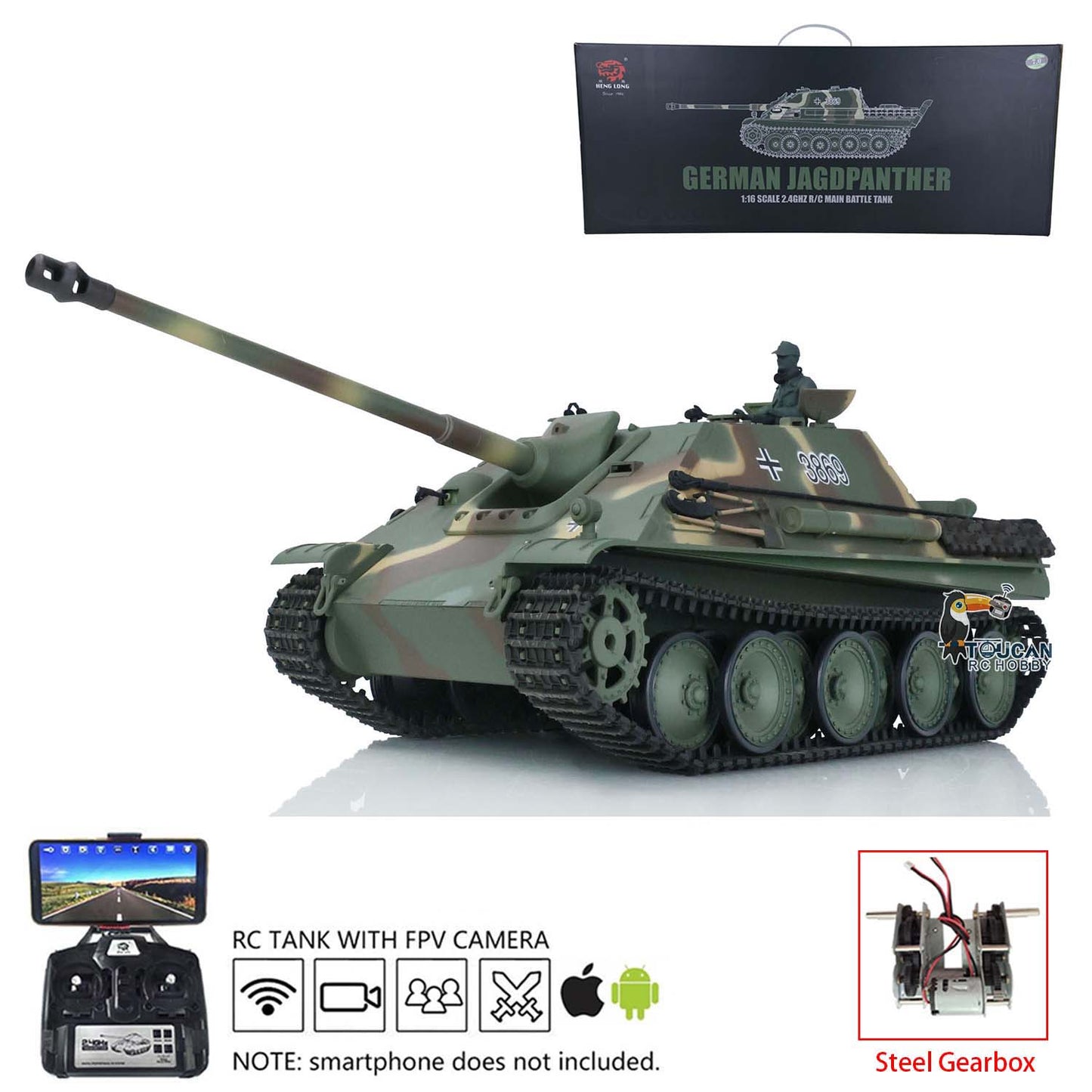 1/16 TK7.0 Kunststoffversion Henglong Jadpanther FPV Betriebsbereiter ferngesteuerter BB-IR-Panzer 3869 mit Stahlgetriebe, Rauchgeräusch