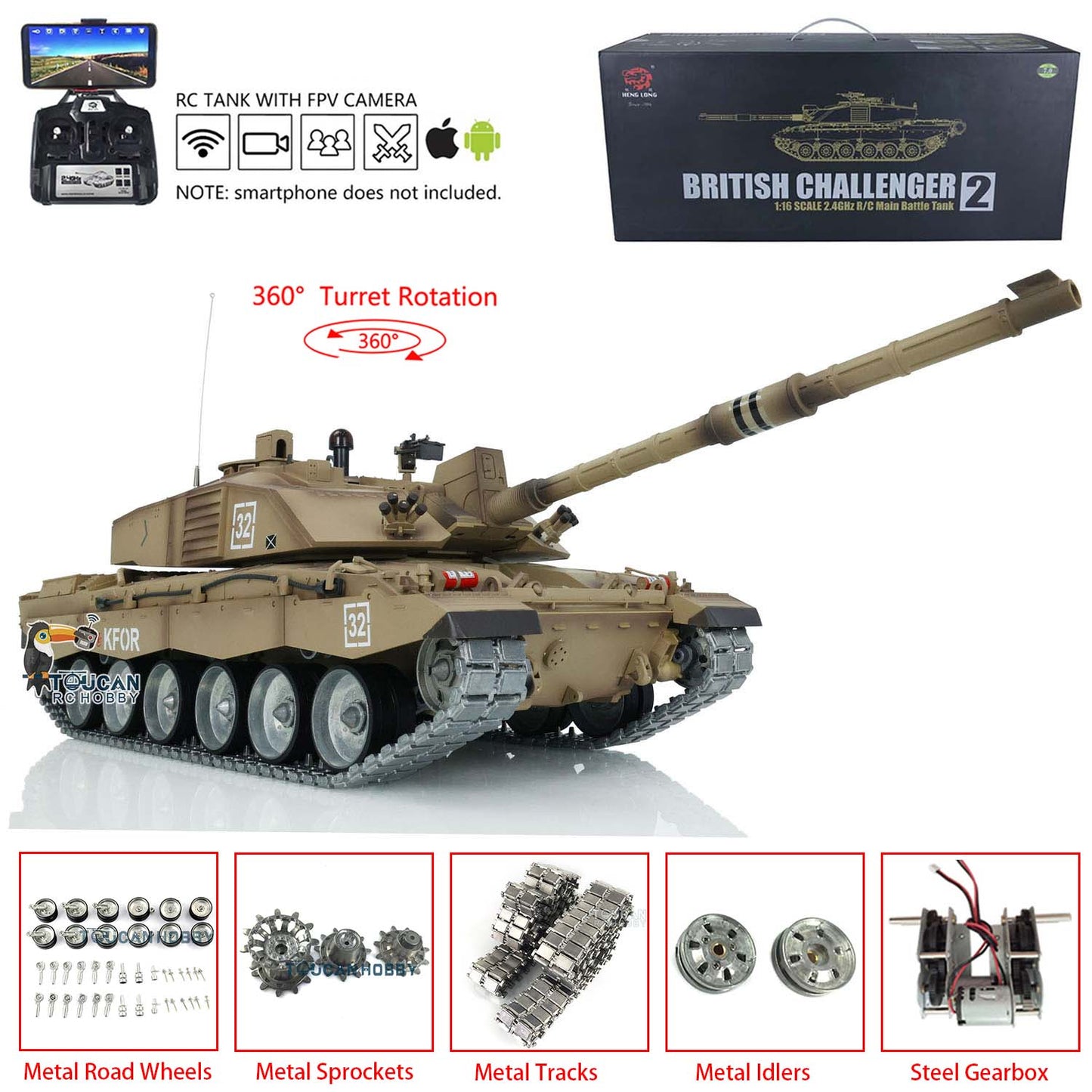 Henglong 1/16 TK7.0 Customize 3908 Challenger II RTR RC Tank FPV 360 Degrees Turret IR BB Smoke Metal Tracks Road Drive Idler Wheels