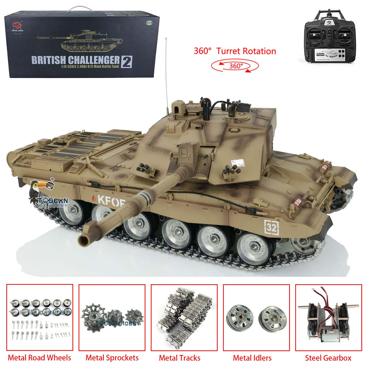 Henglong 1/16 2.4G TK7.0 British Challenger II 3908 RTR RC Tank 360 Degree Turret BB IR Smoke Metal Tracks Sprockets Idlers Road Wheels