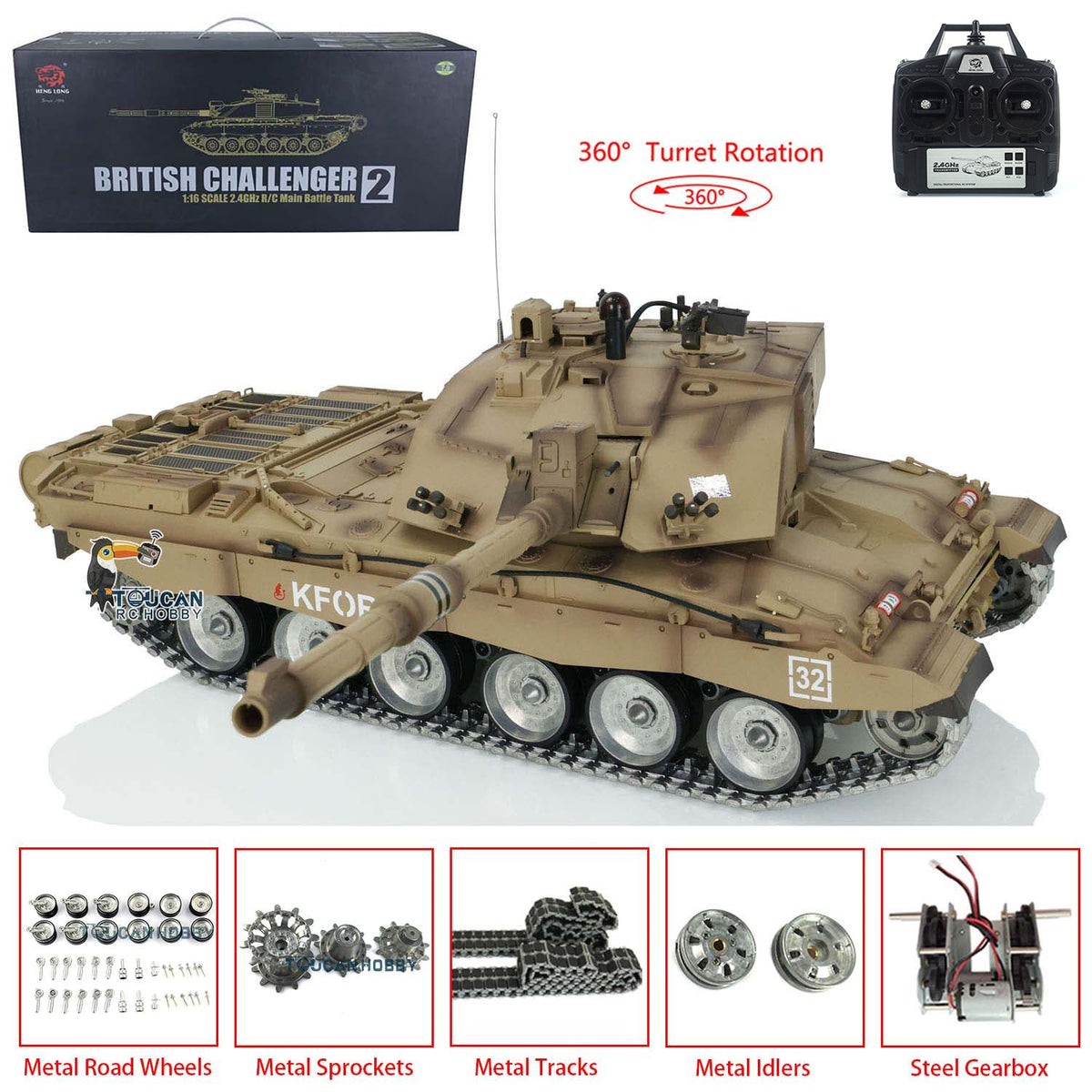 Henglong 1/16 TK7.0 Professional British Challenger II 3908 RTR RC Tank 360 Degrees Turret IR BB Smoke Metal Sprockets Idlers Road Wheels Single Rubber Tracks