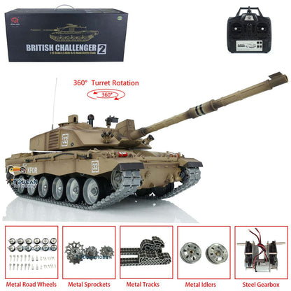 Henglong 1/16 TK7.0 Professional British Challenger II 3908 RTR RC Tank 360 Degrees Turret IR BB Smoke Metal Sprockets Idlers Road Wheels Single Rubber Tracks