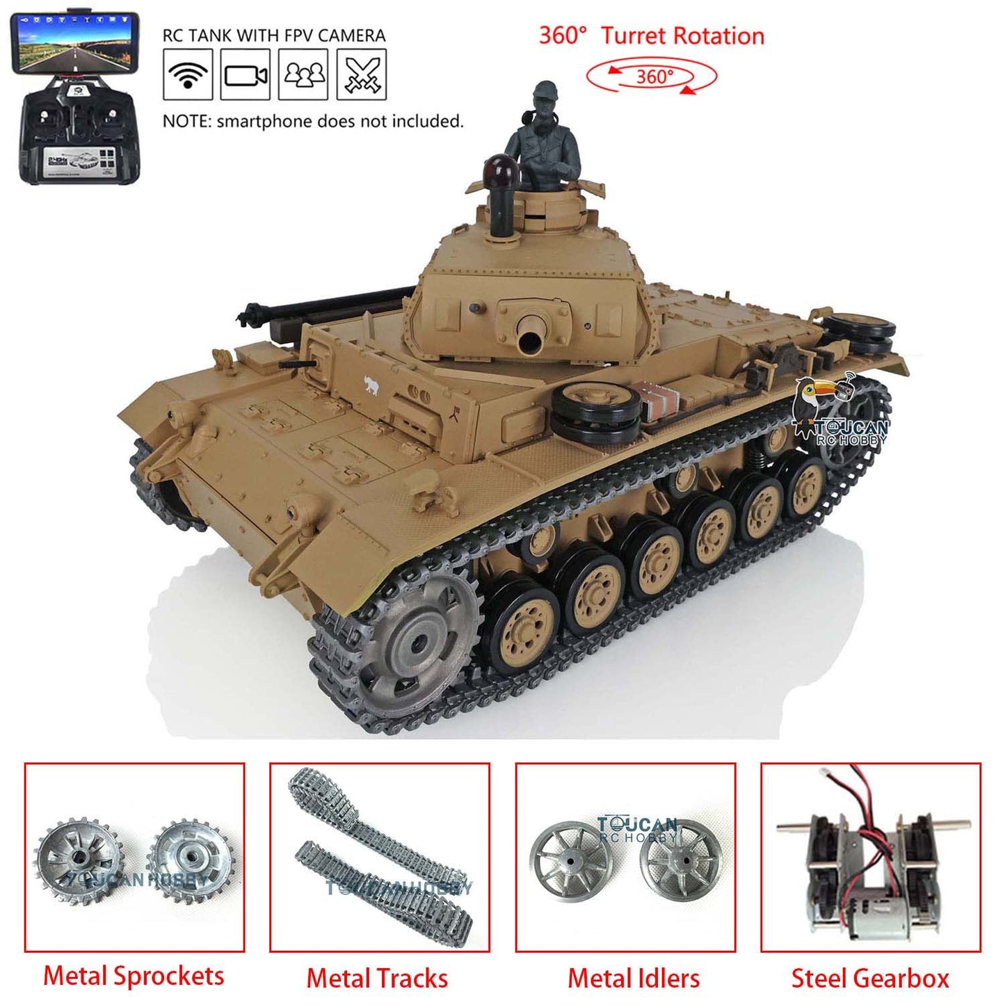 Henglong 1/16 TK7.0 Promotion German Panzer III H RTR RC Tank 3849 360 Degrees Turret BB Infrared System Smoke Metal Barrel Sprockets Idler Wheels Tracks Gearbox