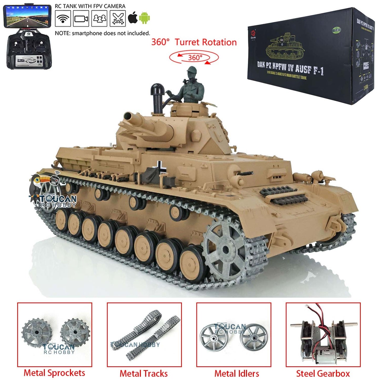 Henglong 1/16 TK7.0 Promotion German Panzer IV F 3858 RTR RC Tank 360 Degrees Turret Smoke IR BB Metal Barrel Sprockets Idlers Wheels Tracks Gearbox