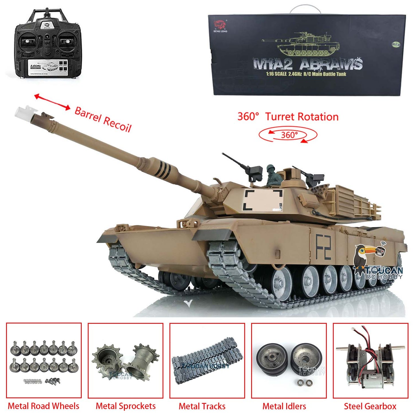 Henglong 1/16 TK7.0 Professional 3918 USA Abrams RTR RC Tank 360 Degrees Turret Barrel Recoil BB IR Smoke Metal Sprockets Idlers Road Wheels
