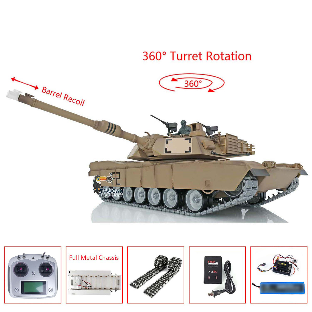 2,4 GHz Heng Long 1/16 Vollmetall-Chassis, fahrbereit, ferngesteuert, IR TK16 Panzer 3918 M1A2 Abrams, offenes Feuer, Rauchen, Blitz, 360