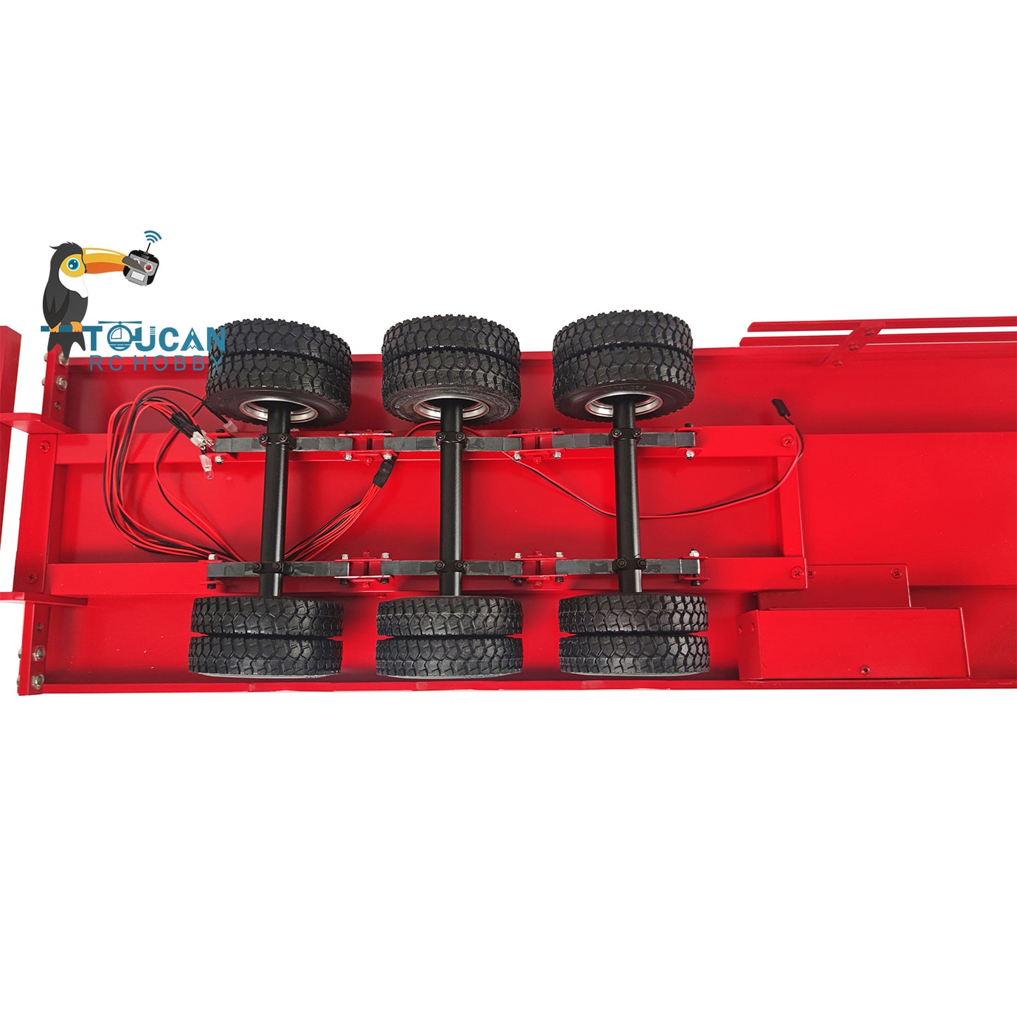 Yellow 1/12 aluminum alloy flatbed trailer three axle manual support legs extended tail lamp lit WHL-3AxleTrailer