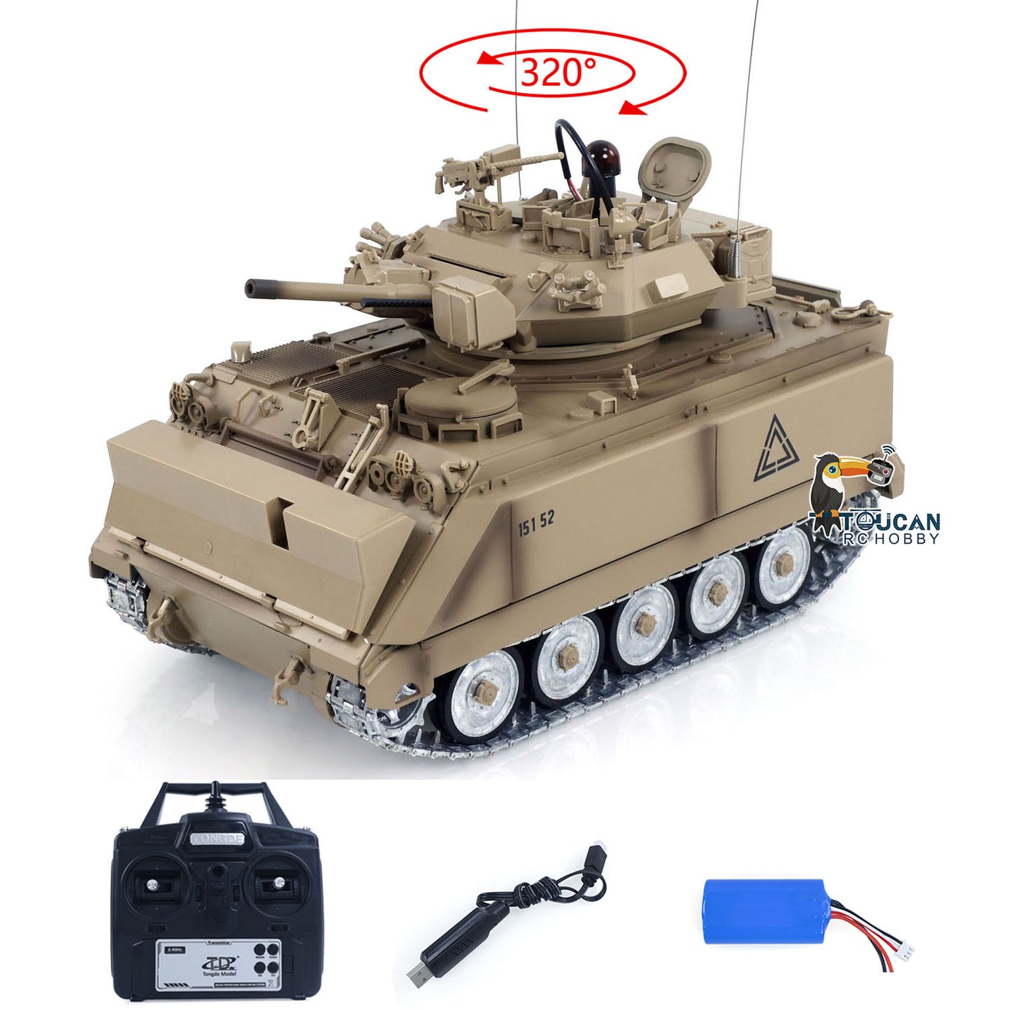 1-16-scale-m113a1-rc-cavalry-assault-vehicle-desert-yellow-front-view-with-led-lights