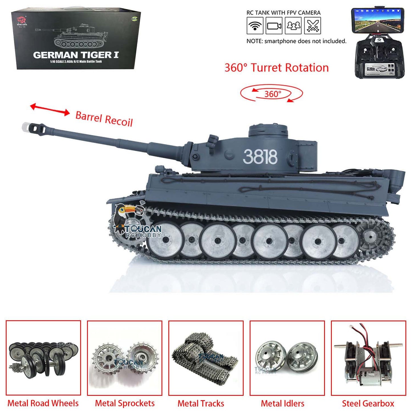 Henglong 1/16 TK7.0 3818 Tiger I RTR RC Tank FPV 360 Degrees Turret Barrel Recoil Smoke Metal Tracks Sprockets Idlers Road Wheels Hand Spray Painting Color