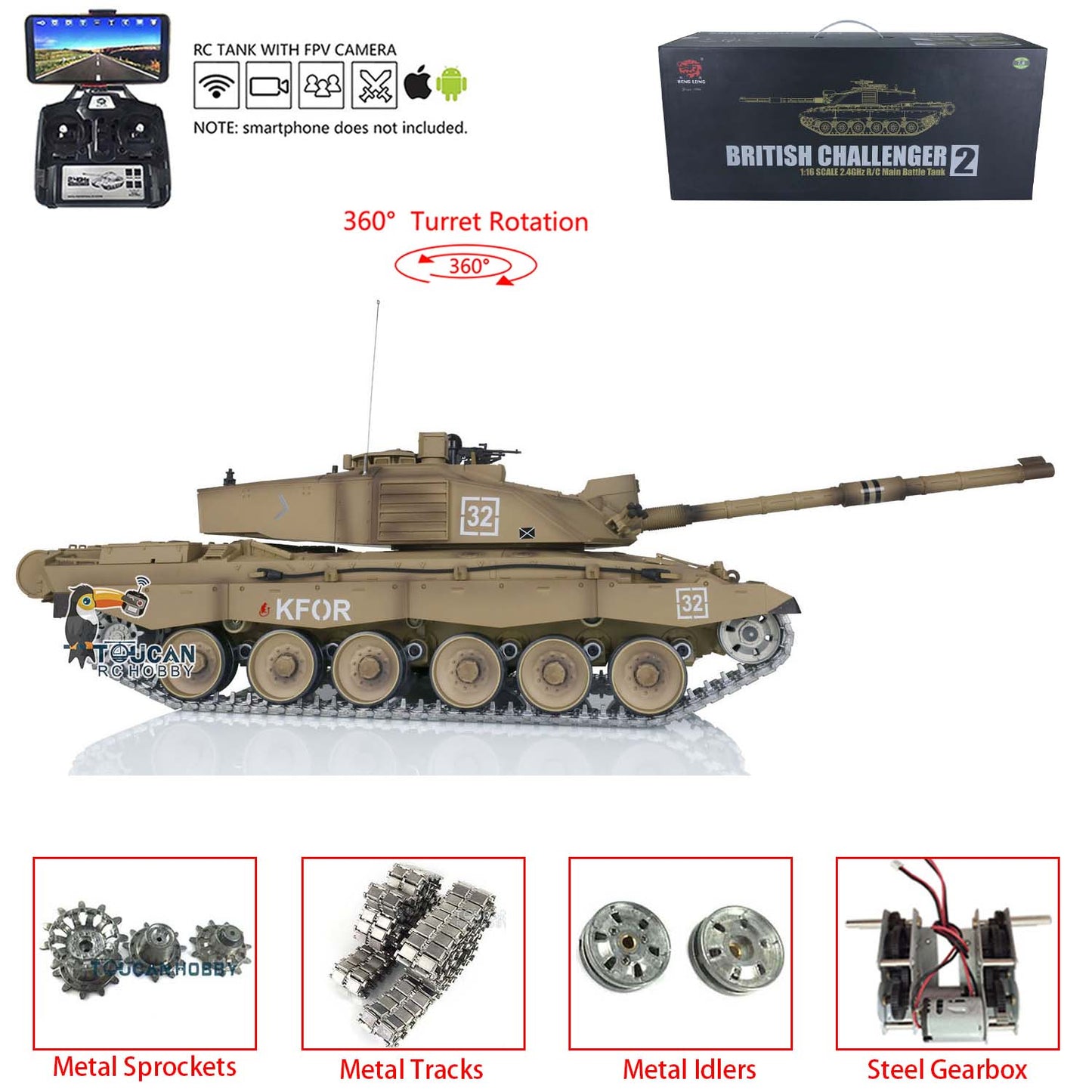 Henglong 1/16 TK7.0 Promotion British Challenger II 3908 RTR RC Tank 360 Degrees Turret BB IR Smoke Sound Light Metal Sprockets Idlers Wheels