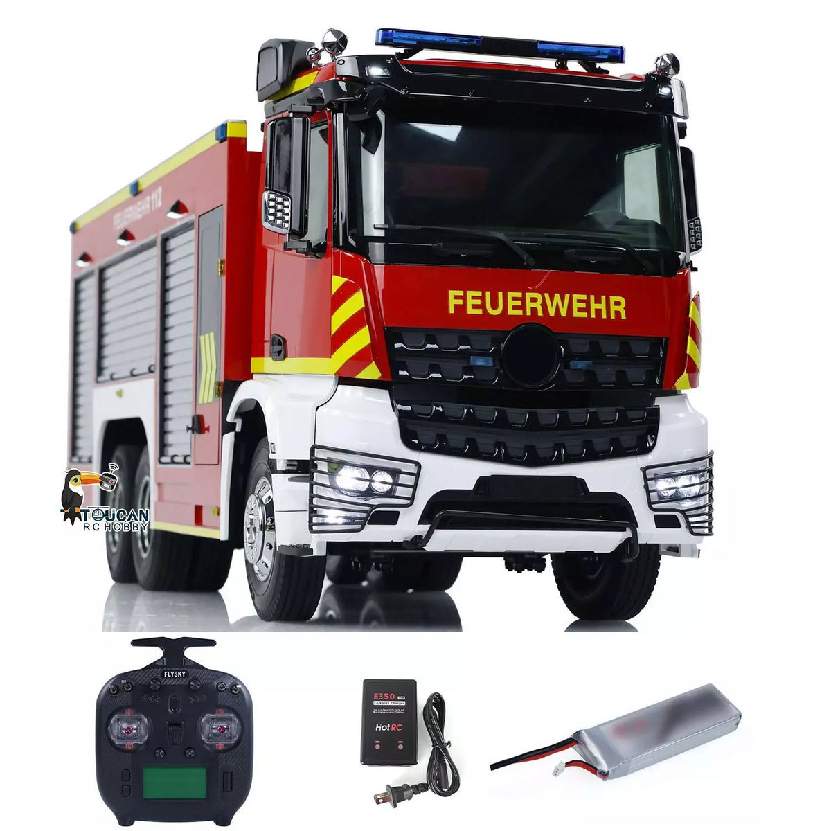 1. 1/14 RC Fire Truck 6x6 Metal Chassis YLL PS011 PNP Red White Black Front View  
