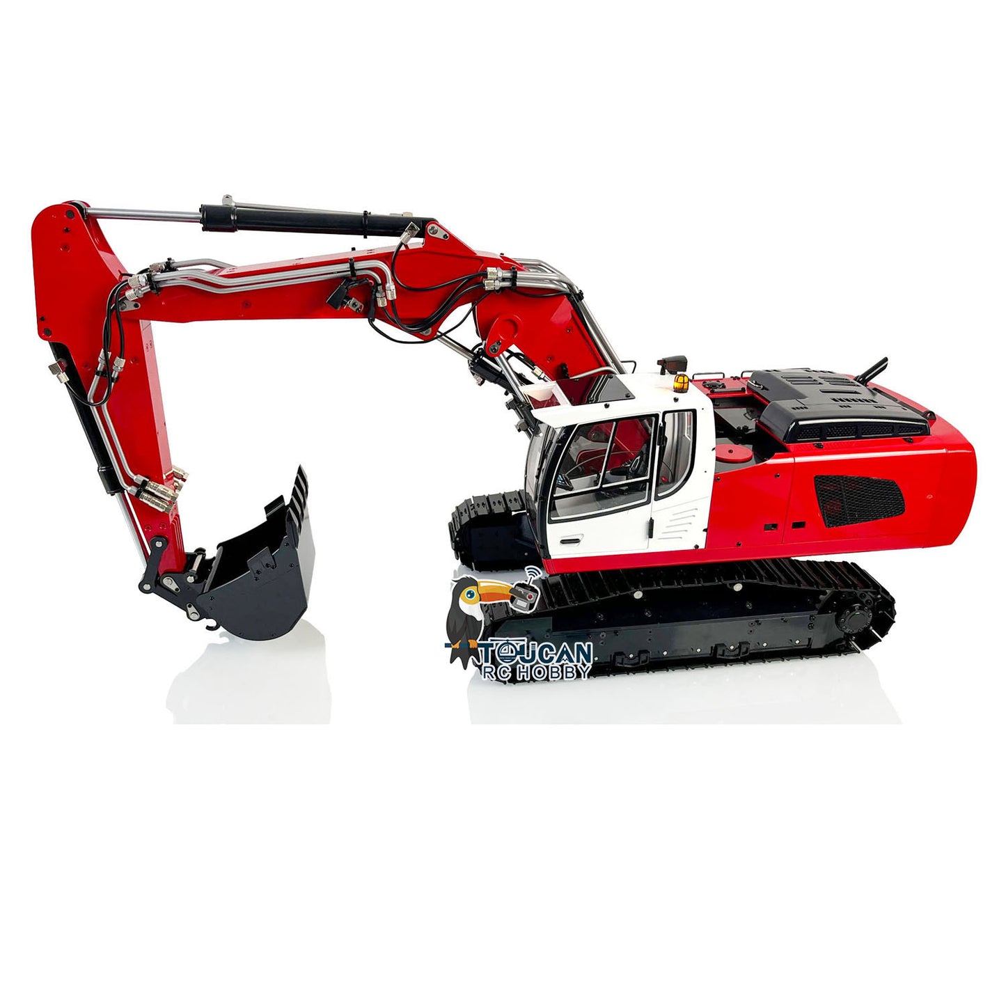 MTM 946-3 Metal 1/14 Excavator All-Metal Hydraulic Tracked Model with T12D Transmitter and Hydraulic Clamshell Attachment plus Large and Small Buckets Red White Finished