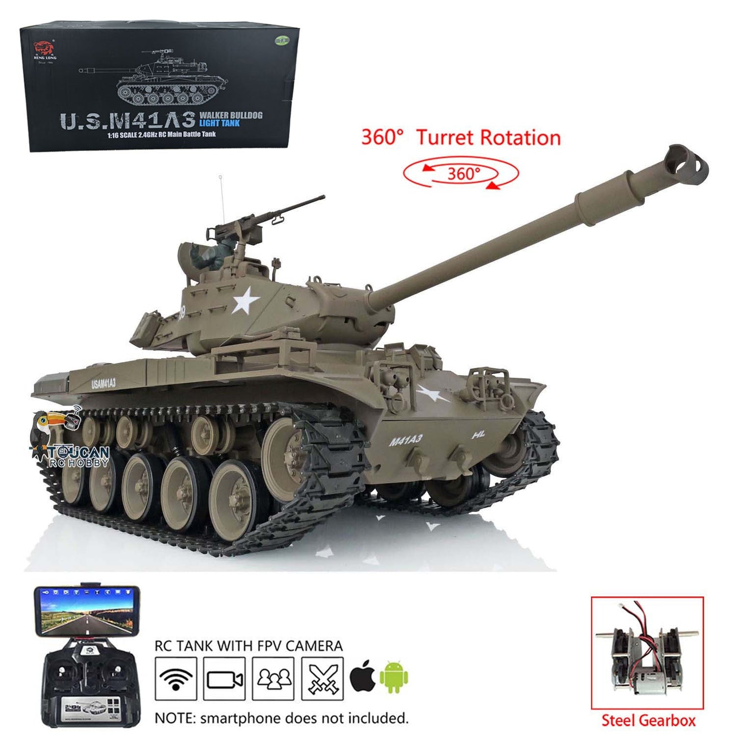 Henglong 1/16 Plastic TK7.0 USA Walker Bulldog 3839 RTR RC Tank FPV 360 Degrees Turret Smoke BB IR Sounds Lights Steel Driving Gearbox