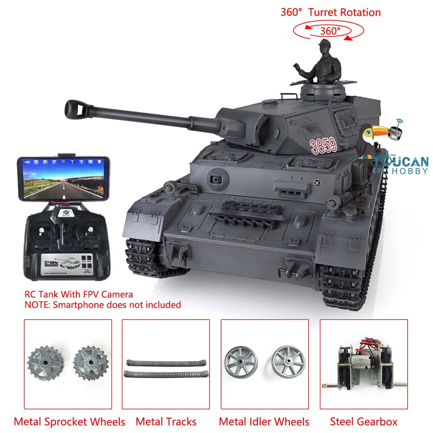 1/16 Maßstab TK7.0 Verbesserter Henglong Panzer IV F2 RTR RC FPV Modellpanzer 3859 360 Turmketten Kettenräder Leiträder Laufräder