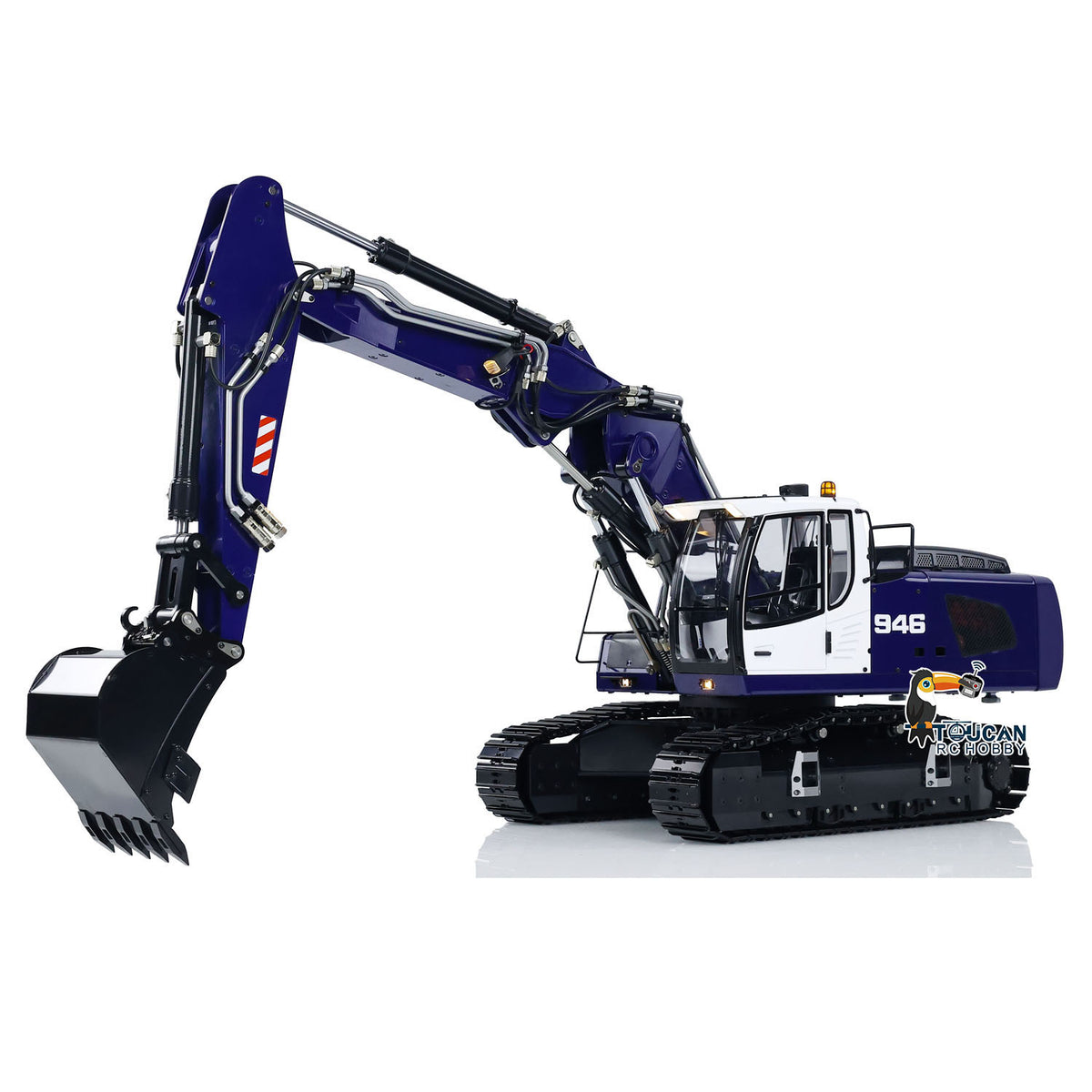 MTM 946-3 Metal 1/14 Excavator Full Hydraulic Construction Machine with 6CH Reversing Valve and Digital Pressure Gauge featuring Grab Bucket Ripper and Manual Quick Coupler Red White