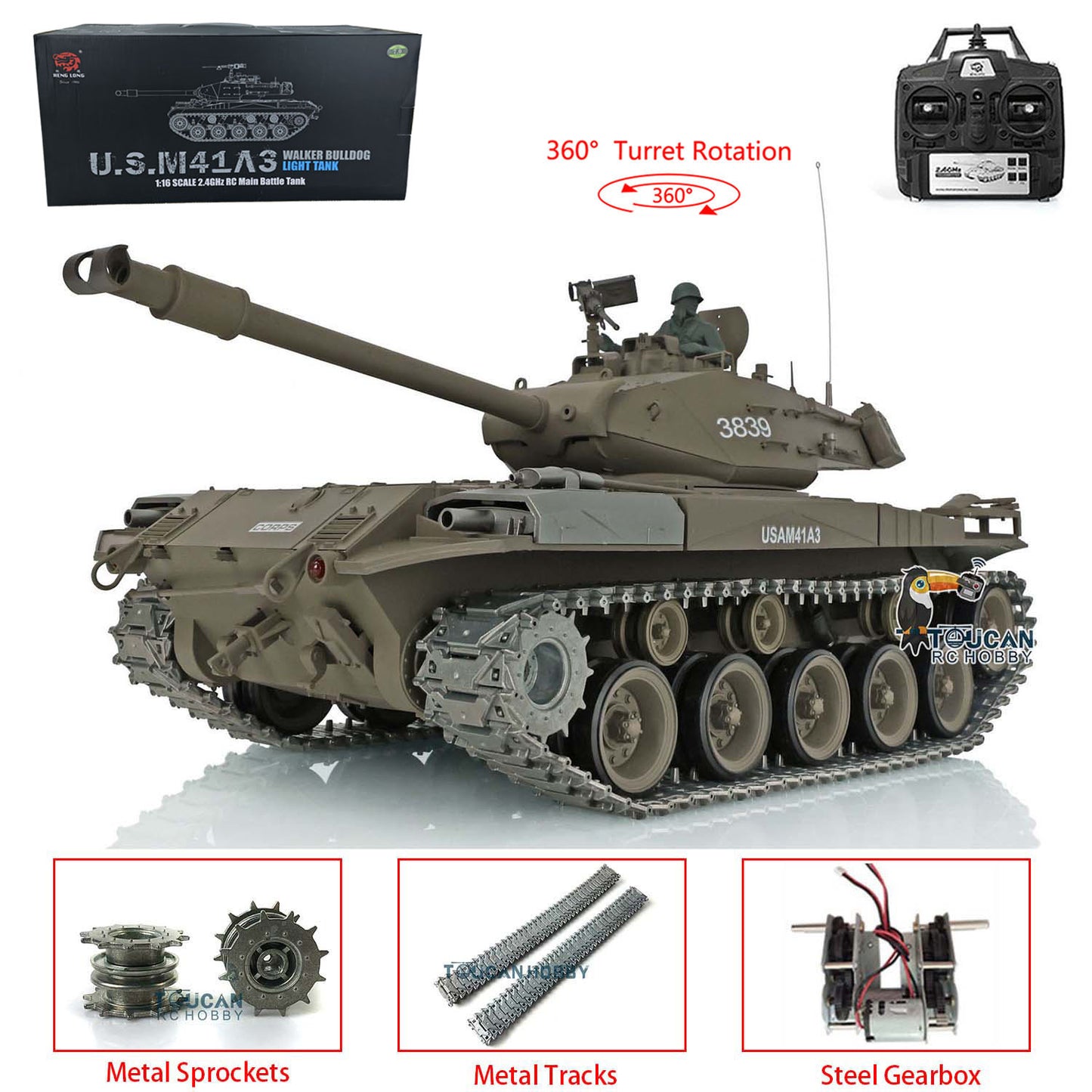 2,4 GHz Henglong TK7.0 im Maßstab 1/16, verbesserte Mental-Version Walker Bulldog RTR RC-Modellpanzer 3839 mit 360-Grad-Revolverketten