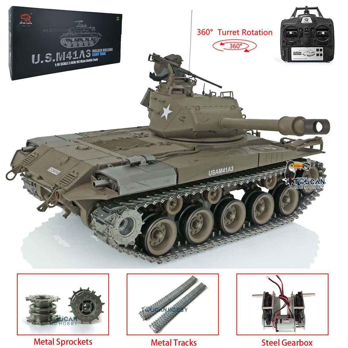 2,4 GHz Henglong TK7.0 im Maßstab 1/16, verbesserte Mental-Version Walker Bulldog RTR RC-Modellpanzer 3839 mit 360-Grad-Revolverketten