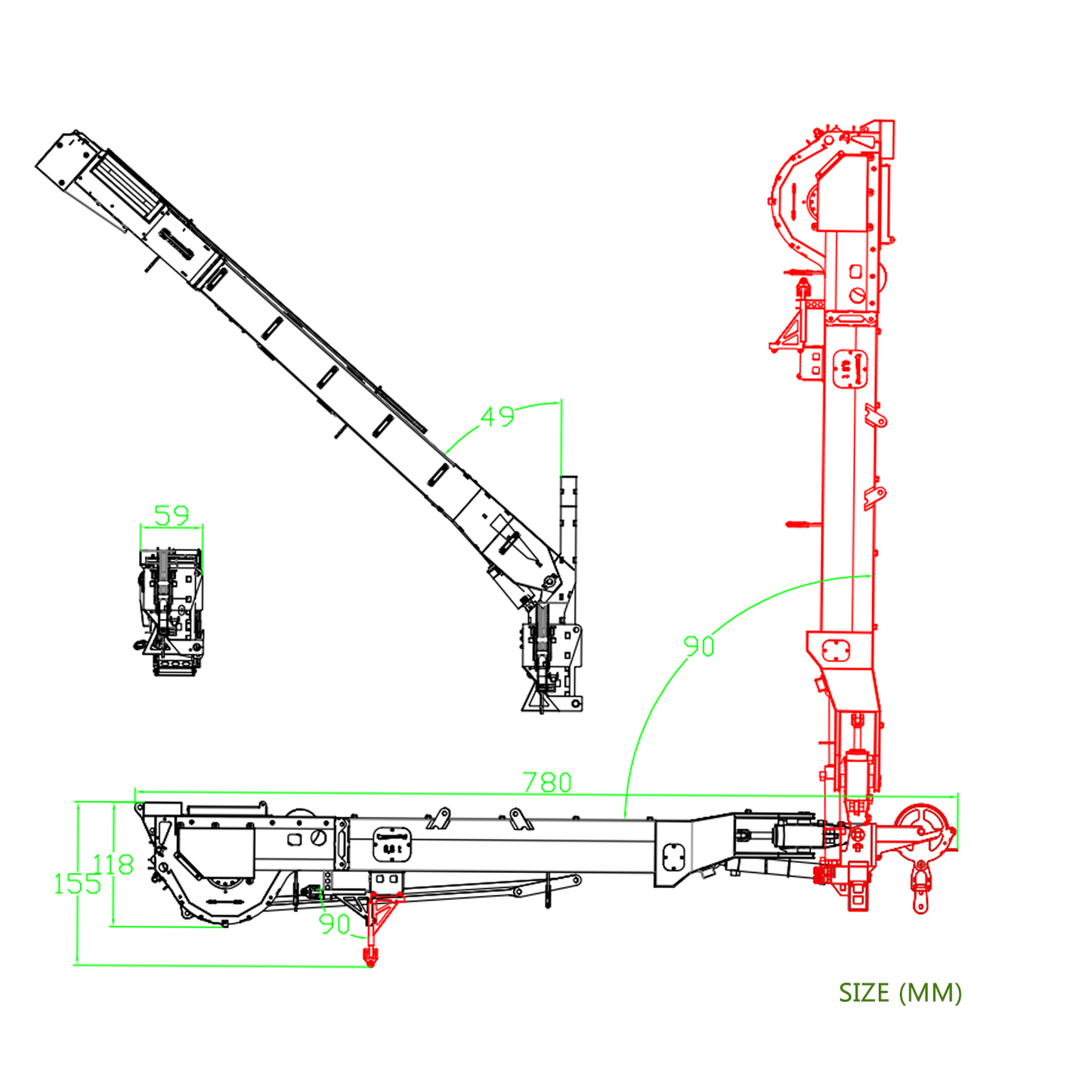 Superlift für Eyewhale 1/14 RC Hydraulikkran-LKW Y-Flügel-Kran-Upgrade-Teile lackiert und montiert