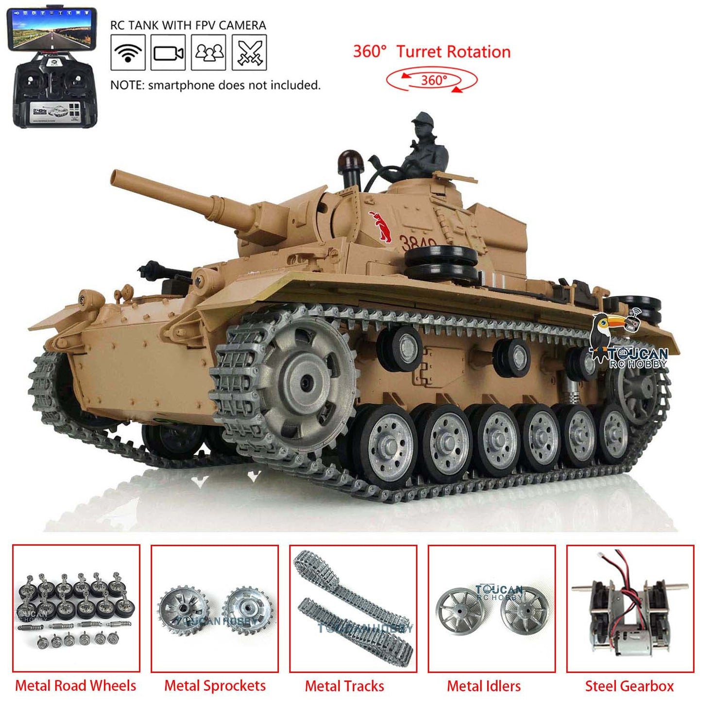 Henglong 1/16 TK7.0 German Panzer III H RTR RC Tank 3849 FPV 360 Degrees Turret BB IR Smoke Metal Barrel Tracks Sprockets Idlers Road Wheels