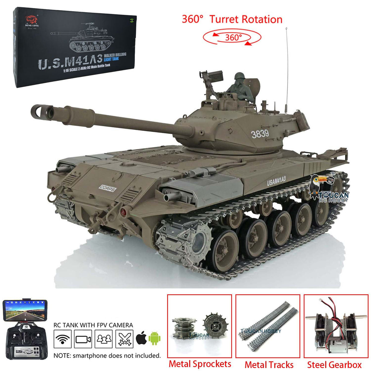 Henglong 1/16 TK7.0 USA Walker Bulldog 3839 RTR RC Tank FPV 360 Degrees Turret Smoke IR BB Unit Metal Tracks Gearbox Sprockets Wheels