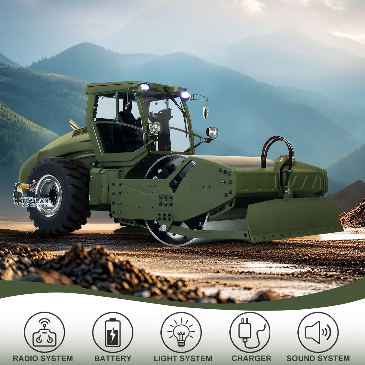 TOUCAN RC HOBBY LESU AOUE H13i 1/14 Metal Hydraulic RC Road Roller FlySky I6S Remote Controller Front Shovel Sound Light System for Backyard Fun