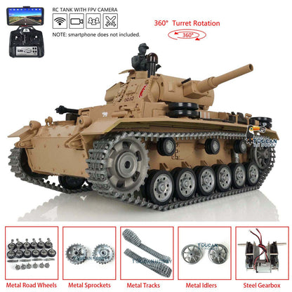 Henglong 1/16 TK7.0 German Panzer III H RTR RC Tank 3849 FPV 360 Degrees Turret BB IR Smoke Metal Barrel Tracks Sprockets Idlers Road Wheels