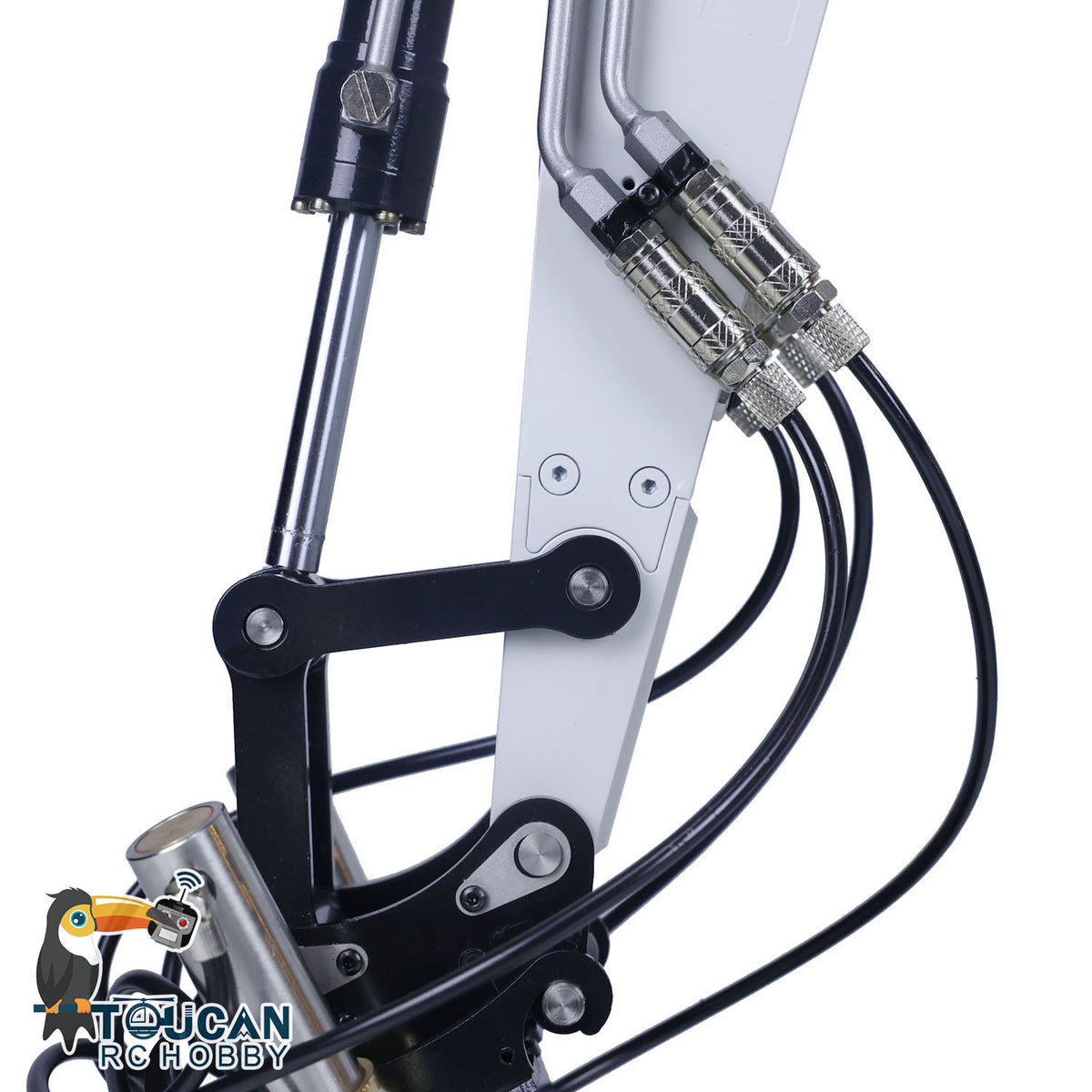MTM 946-3 Metal 1/14 Excavator Full Hydraulic Construction Machine with 6CH Reversing Valve and Digital Pressure Gauge featuring Grab Bucket Ripper and Manual Quick Coupler Red White