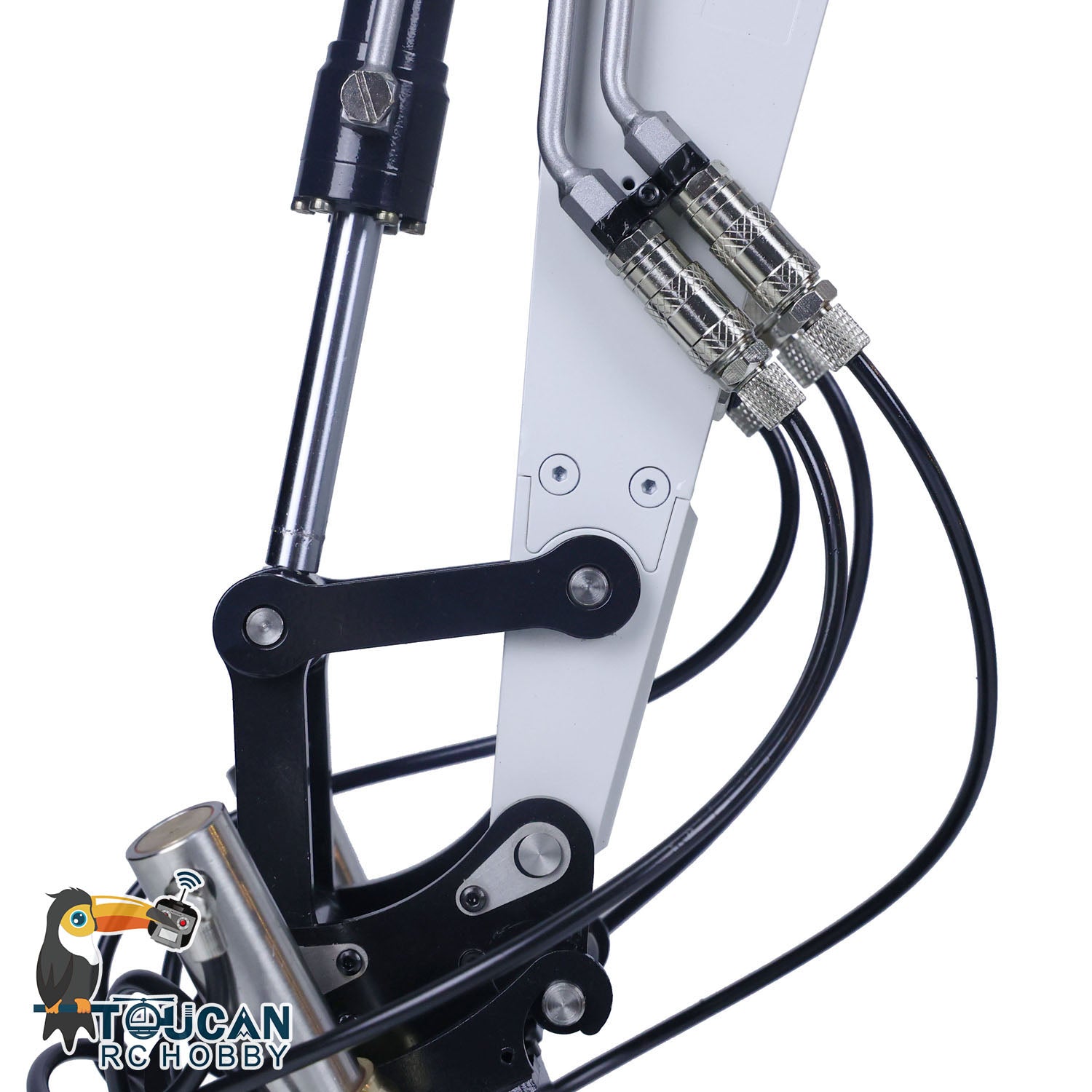 MTM 946-3 Metal 1/14 Excavator Full Hydraulic Construction Machine with 6CH Reversing Valve and Digital Pressure Gauge featuring Grab Bucket Ripper and Manual Quick Coupler Red White