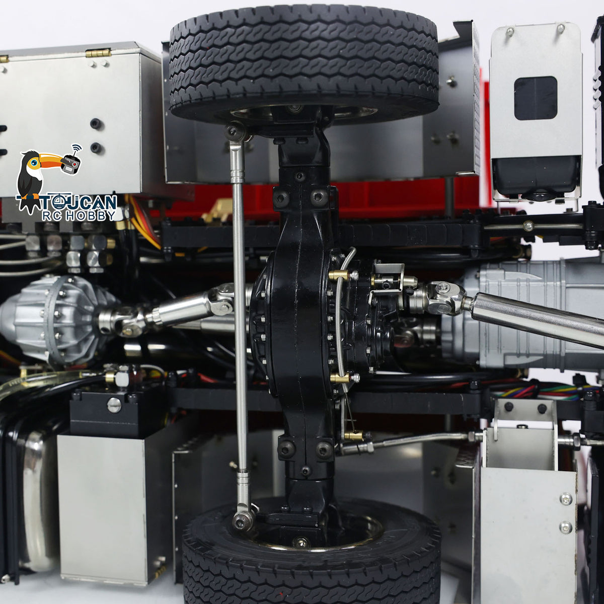 18. 1/14 TH-X SC-G88 8x8 Roll-Off with Hydraulic Pump and Reservoir Red Closeup  
