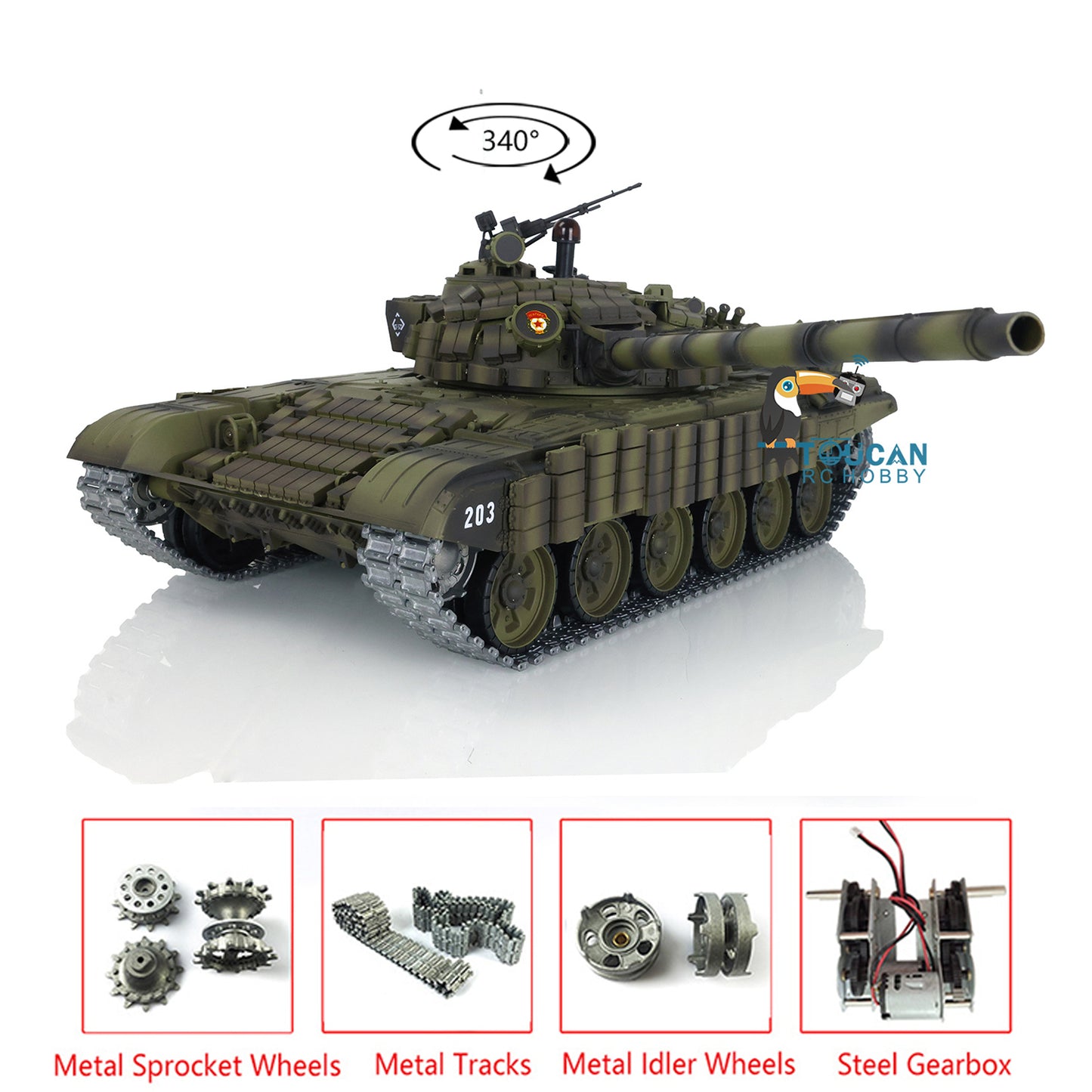2,4 GHz Henglong Fernbedienung Ready To Run Maßstab 1/16 TK7.0 BB IR T72 Tank 3939 Metallketten Kettenräder Leiträder Rauch Sound