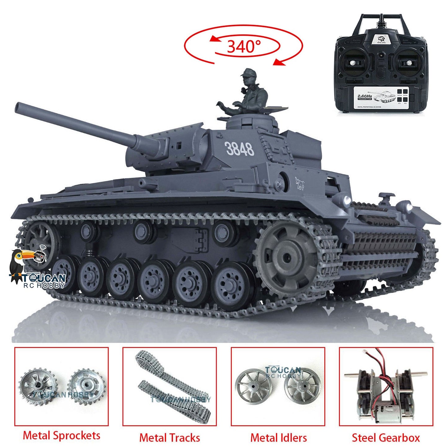 Henglong 2.4G 1/16 TK7.0 Promotion Panzer III L 3848 RTR RC Tank Smoke BB Infrared System Metal Sprockets Idlers Wheels Tracks Gearbox Barrel