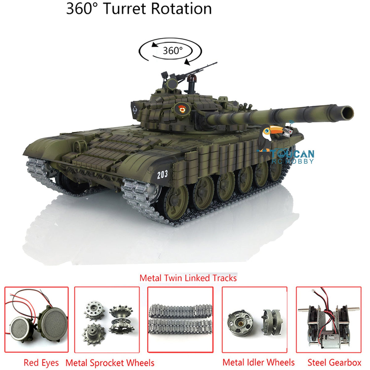 Henglong 1/16 TK7.0 Russia T72 RTR RC Tank 3939 with Red Eyes Armor 360 Degrees Turret BB IR Smoke Metal Tracks Gearbox Sprockets Idlers Wheels