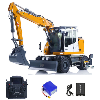 CUT Model LR914 1/14 Metal RC Hydraulic Wheel Excavator RTR 3 Arms 8-Way Valve Digger PL18EV Lite Controller Manual Quick Coupler Light & Sound System Cabin Guard Rail Tail hook for Model Collectors