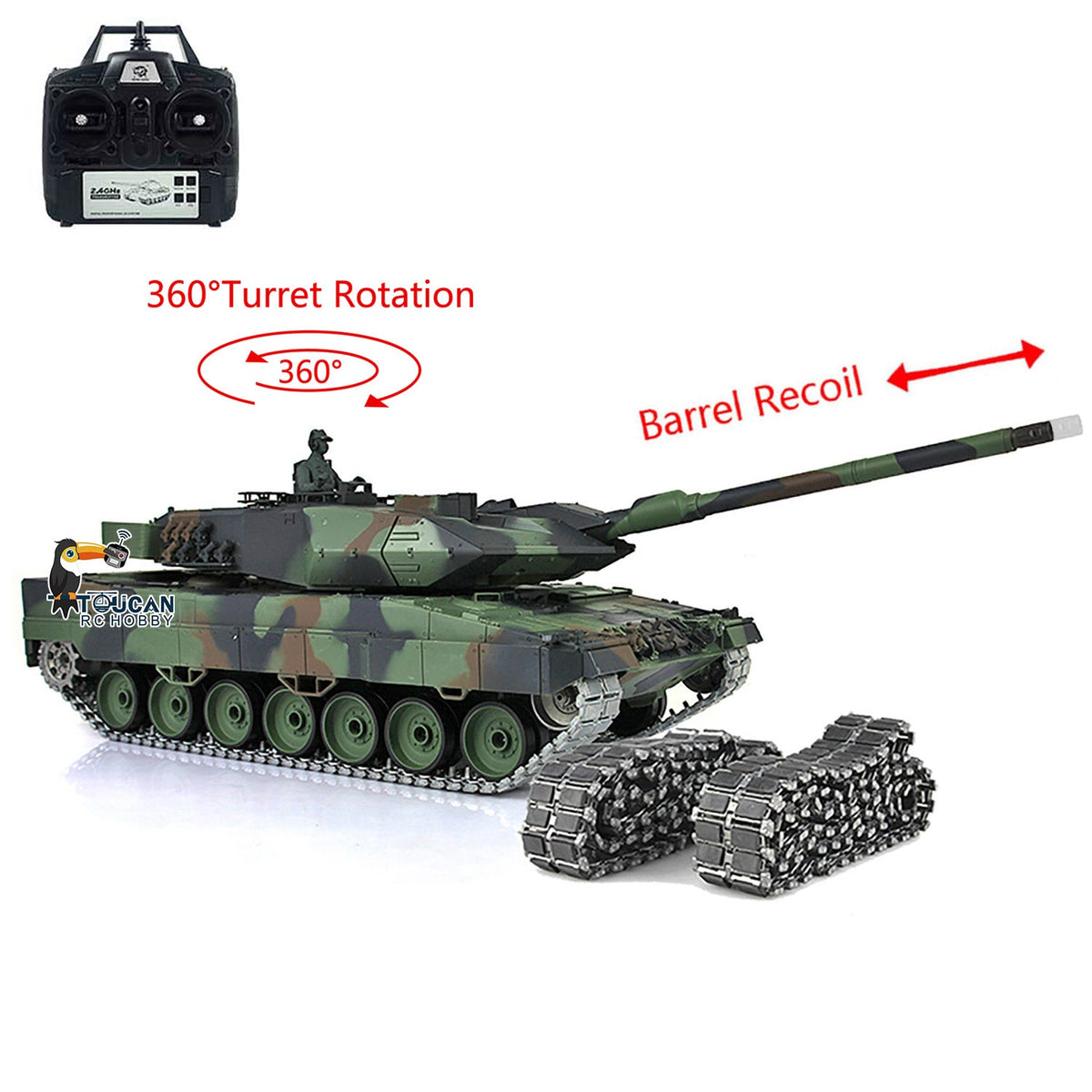 Henglong 1/16 TK7.0 3889 Leopard2A6 RTR RC Tank 360 Degrees Turret Barrel Recoil Smoke BB IR Metal Single Rubber Tracks Sprockets Idlers Wheels Gearbox
