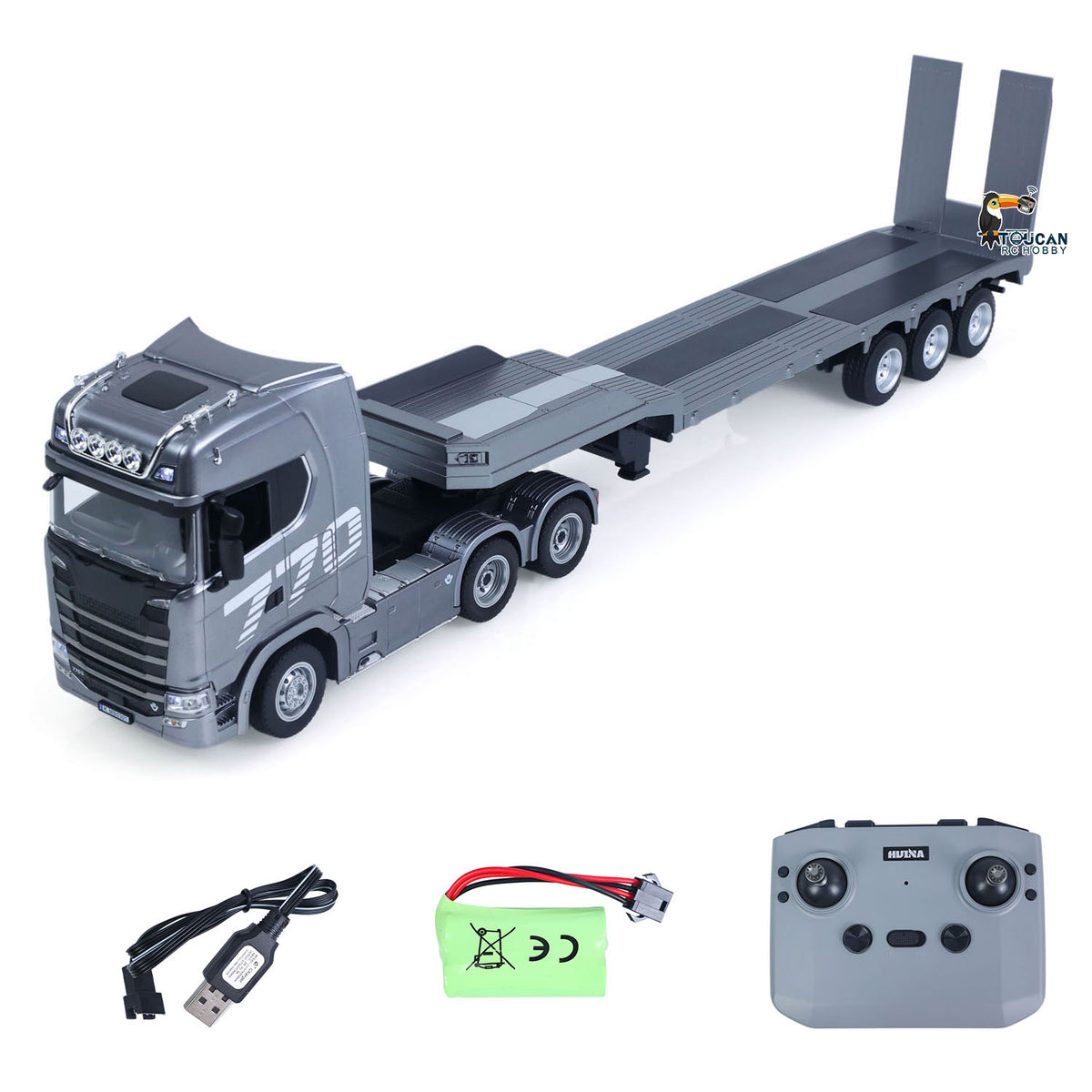 TOUCAN RC HOBBY HUINA RTR 1/24 Remote Control Tractor Truck 770S W/ Light Sound System Manual Support Legs Tail Board 3Axle Semi Flatbed Trailer