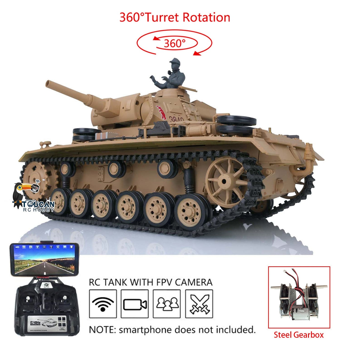 Henglong 1/16 Plastic 7.0 3848 3849 Panzer III H L RC Tank FPV 360 Degree Turret Infrared System BB Smoke Steel Driving Gearbox Metal Barrel