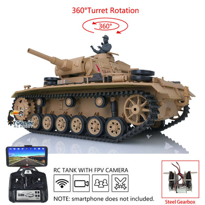 Henglong 1/16 Plastic 7.0 3848 3849 Panzer III H L RC Tank FPV 360 Degree Turret Infrared System BB Smoke Steel Driving Gearbox Metal Barrel