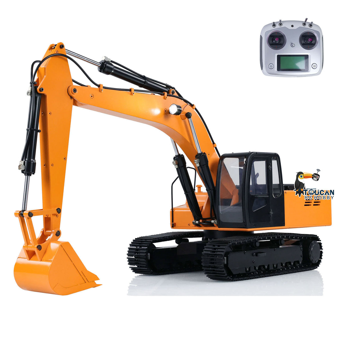 JDMODEL 1/12 RC-Hydraulikbagger, lackiert, montiert, Fernbedienung, Baufahrzeug, Pumpe, Ketten, Licht, Radio 