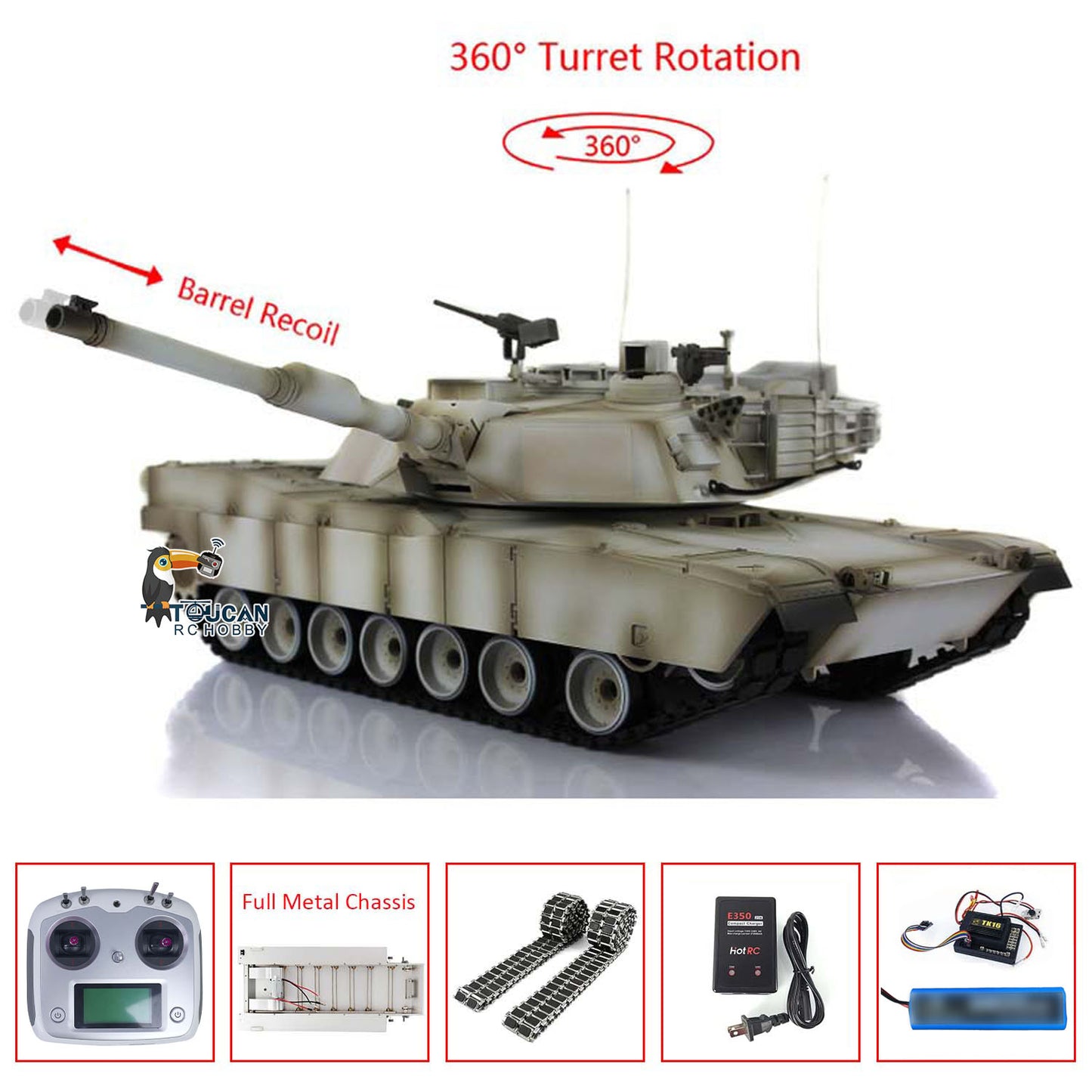 2,4 GHz Heng Long 1/16 Vollmetall-Chassis, fahrbereit, ferngesteuert, IR TK16 Panzer 3918 M1A2 Abrams, offenes Feuer, Rauchen, Blitz, 360